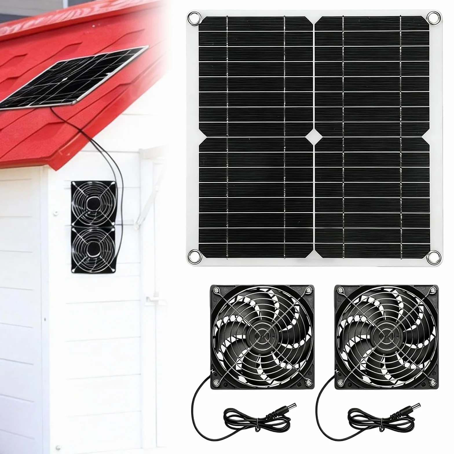 Ventilateur Solaire 12 W Résistant aux Intempéries avec Panneau Solaire et Double Extracteur