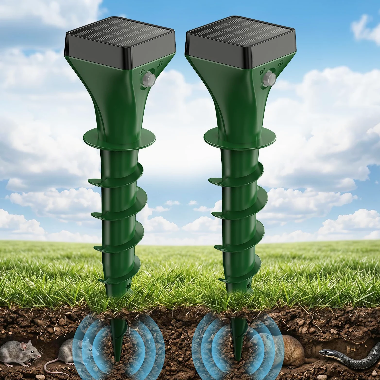 Keero Anti Taupe Solaire, Lot de 2 Répulsif Taupe Vibration et Ultrasons, Efficace Contre Les Taupes, Les Campagnols, Les Souris, Les Serpent, Ainsi Que Les Rongeurs de Jardin-Vert