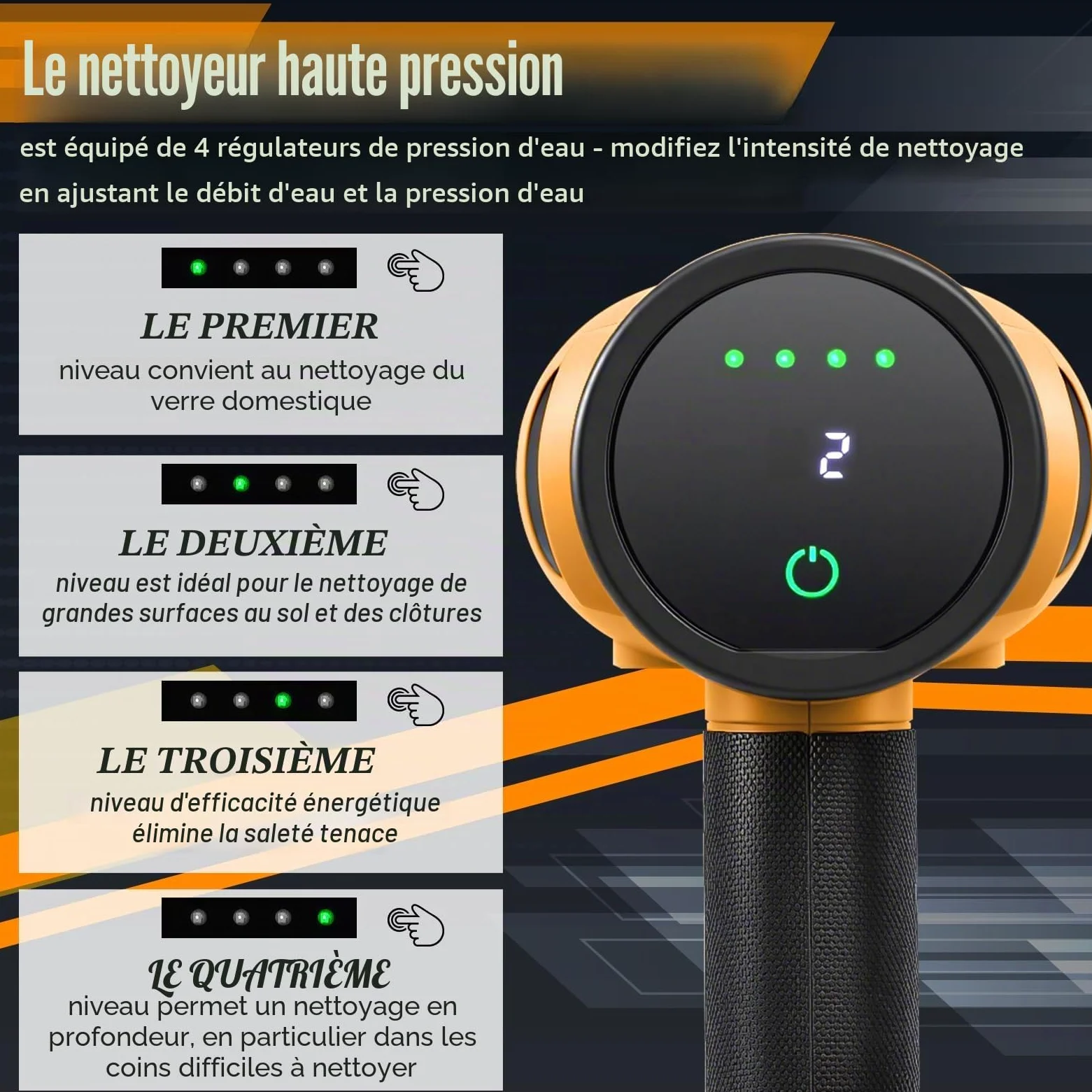 Nettoyeur haute pression sans fil 200 bar | Pistolet portable avec 2 batteries de 4000 mAh | Pistolet de lavage sans fil 4 niveaux de débit d'eau réglable 6 en 1 buse réglable avec tuyau de 5