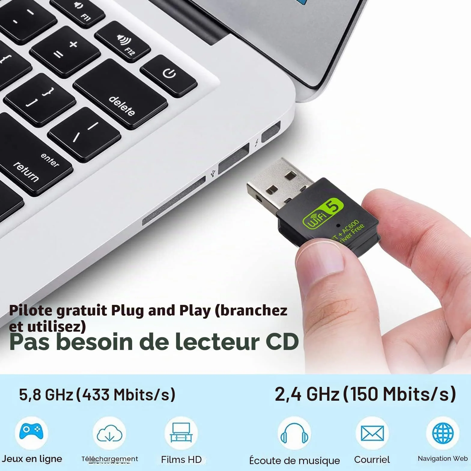 Clé WiFi USB 600 Mbps Adaptateur Bluetooth 4.2 Dongle 2.4 GHz/5.8 GHz pour PC Windows Mac