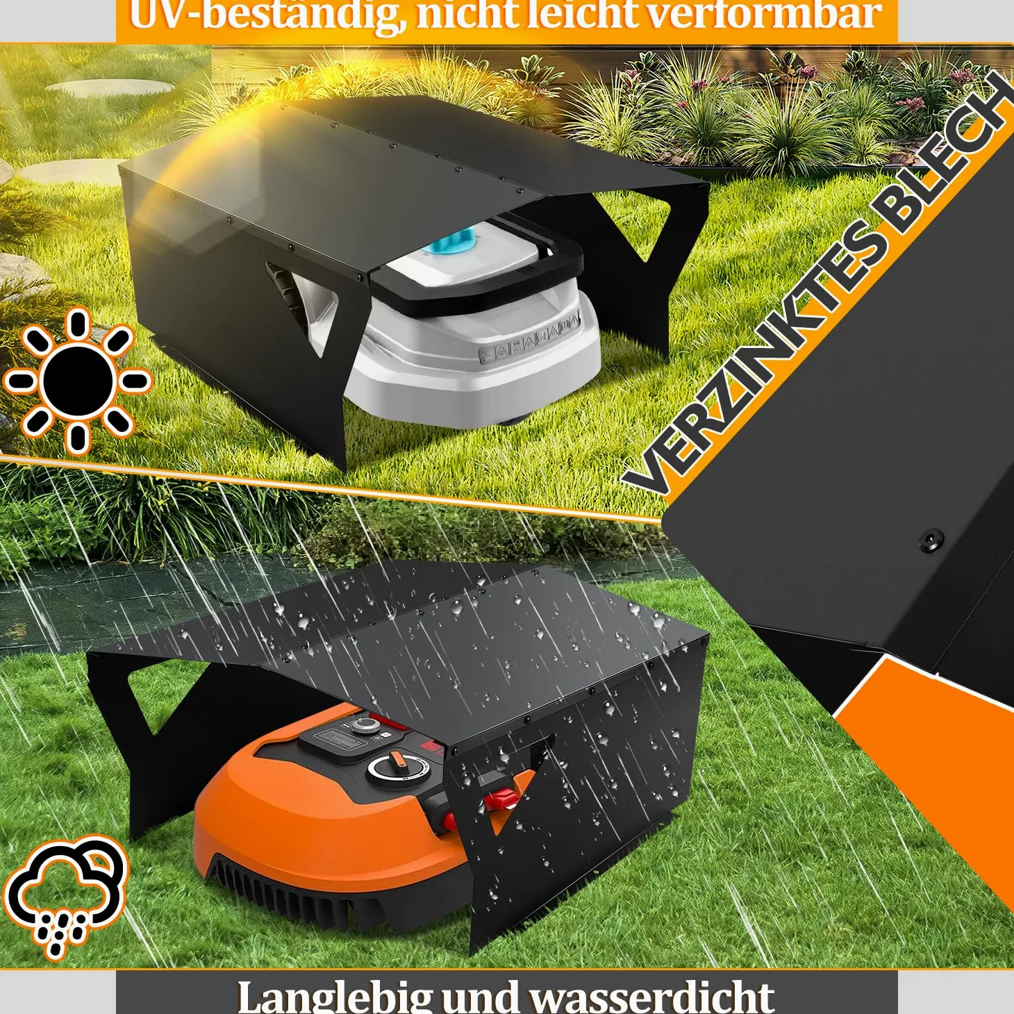 Herrselsam Abri de protection galvanisé pour tondeuse robot avec gants et protection UV - Idéal contre la pluie et la grêle - 78 x 60 x 34 cm - Noir