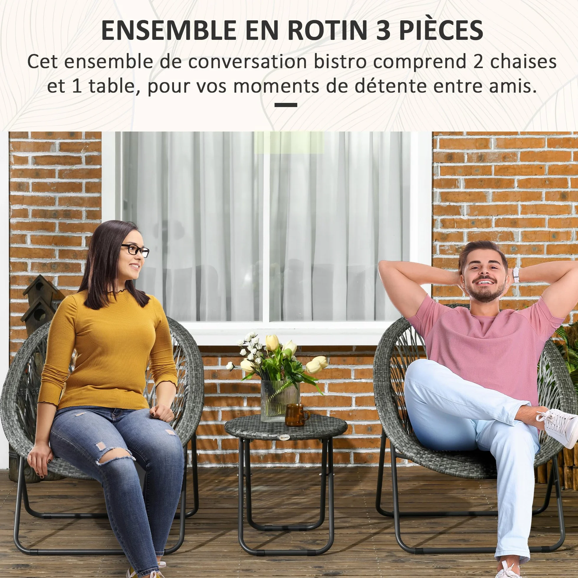 Outsunny Salon de Jardin extérieur résine Ensemble Table et chaises 2 Personnes Pliables Acier Gris