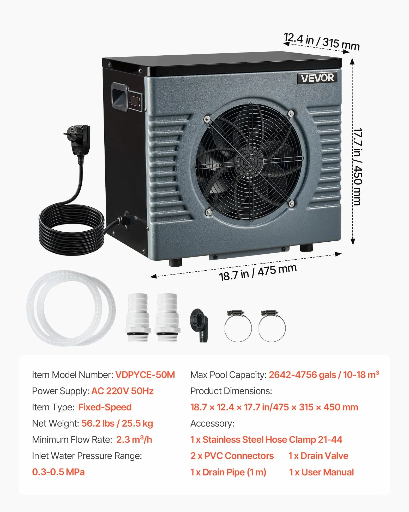 VEVOR Pompe à Chaleur pour Piscine 4,92 kW Chauffage Électrique Hors Sol 18 m³ COP 5,29 Faible Niveau Sonore GFCI