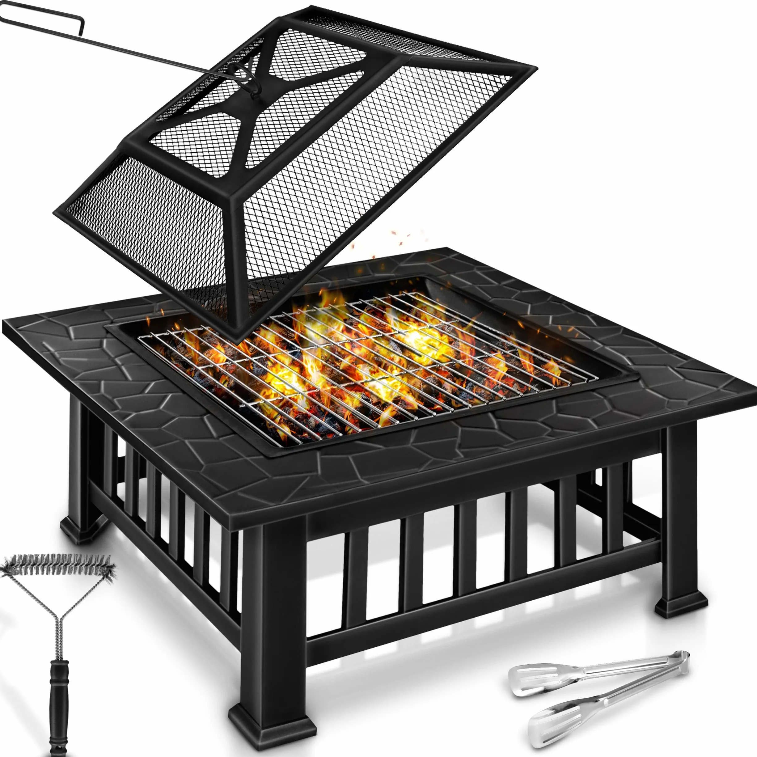 Tillvex Brasero Extérieur BBQ Jardin Terrasse Chauffage Gril Charbon Couvercle Feu Barbecue Tisonnier