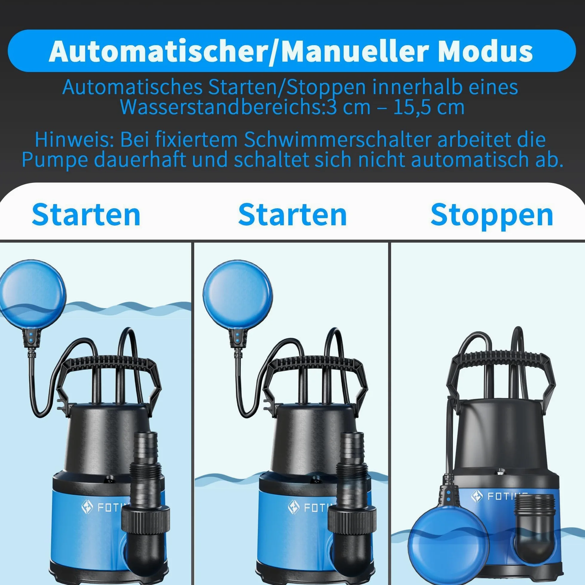 FOTING Pompe submersible 400 W, 8000 l/h, hauteur d'extraction maximale 8 m, profondeur d'immersion maximale 7 m, interrupteur à flotteur réglable, protection thermique, pour piscine, sous-sol