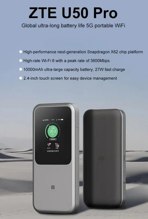 ZTE U50 Pro 5G Routeur portable WiFi 6 3600 Mbps 10 000 mAh 27 W Charge rapide