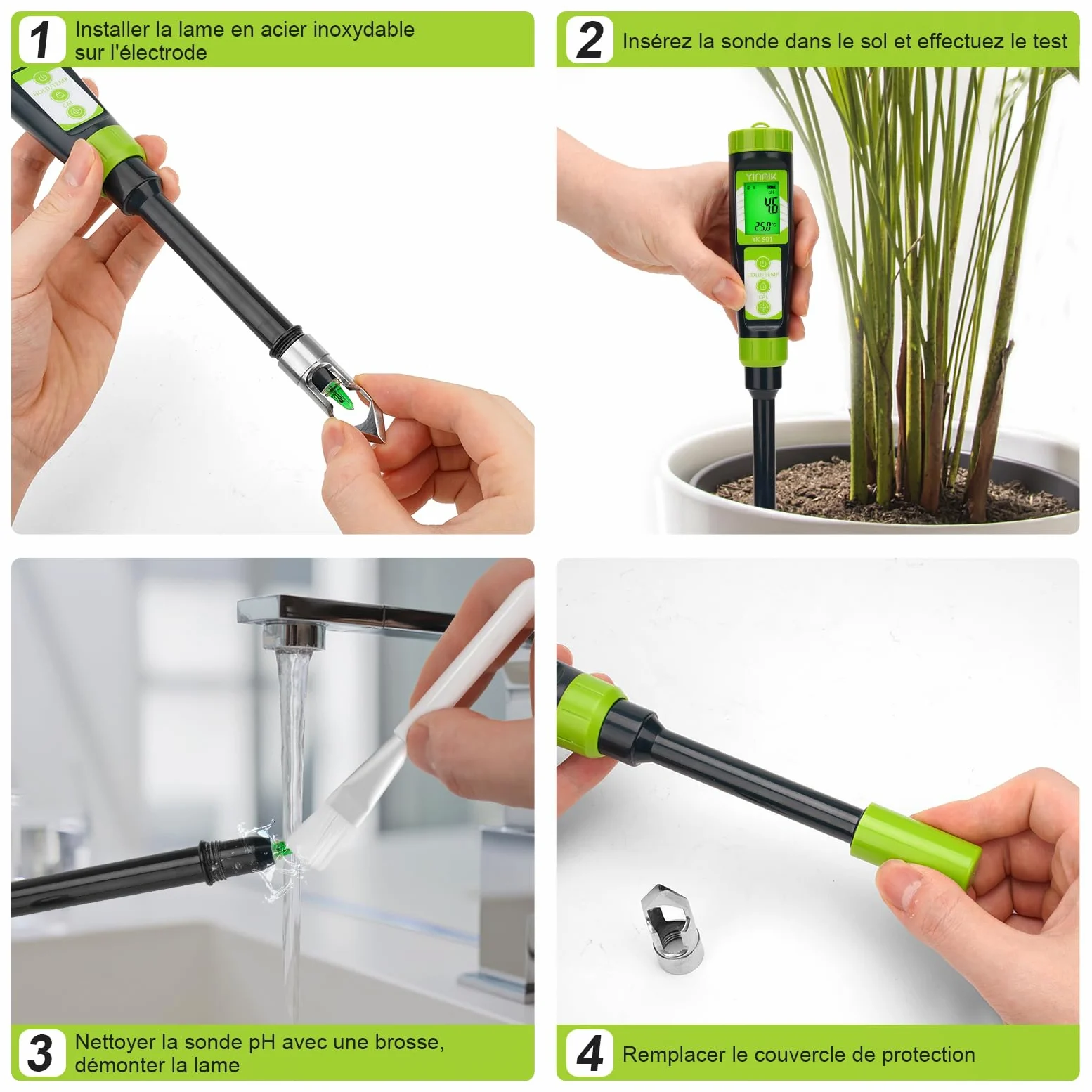 YINMIK Testeur de pH du Sol pour Jardiniers avec Sonde Supplémentaire | pH-Mètre Numérique pour Terre de Jardin, Mesure du pH de la Solution de Terreau, pH Mètre pour Sol, Hydroponie, Plante