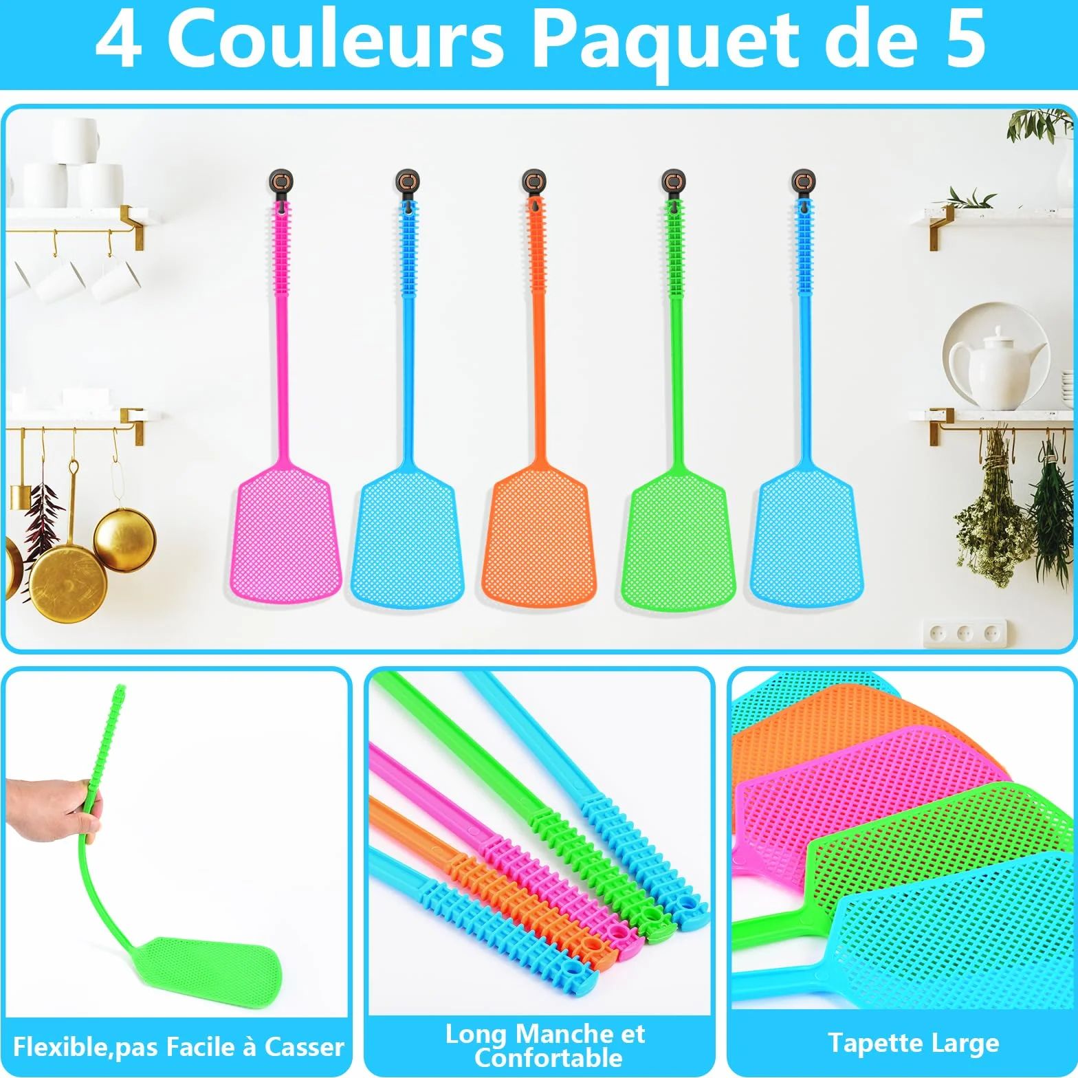Tapette à Mouches Plastique Long Manche 5 Pièces Antiparasitaire Robuste
