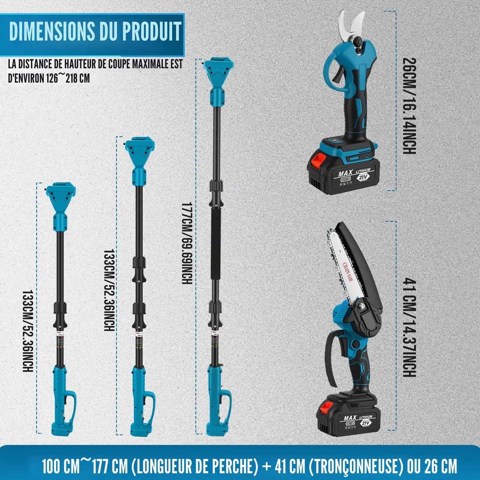 4 en 1 Élagueuse sur Perche sans Fil, 6'' Tronçonneuse Électrique Sans Fil, Secateur Electrique avec Perche Réglable de 1,32 à 2,3 m, avec 2 Batteries et Chargeur pour l'élagage et le Jardinage
