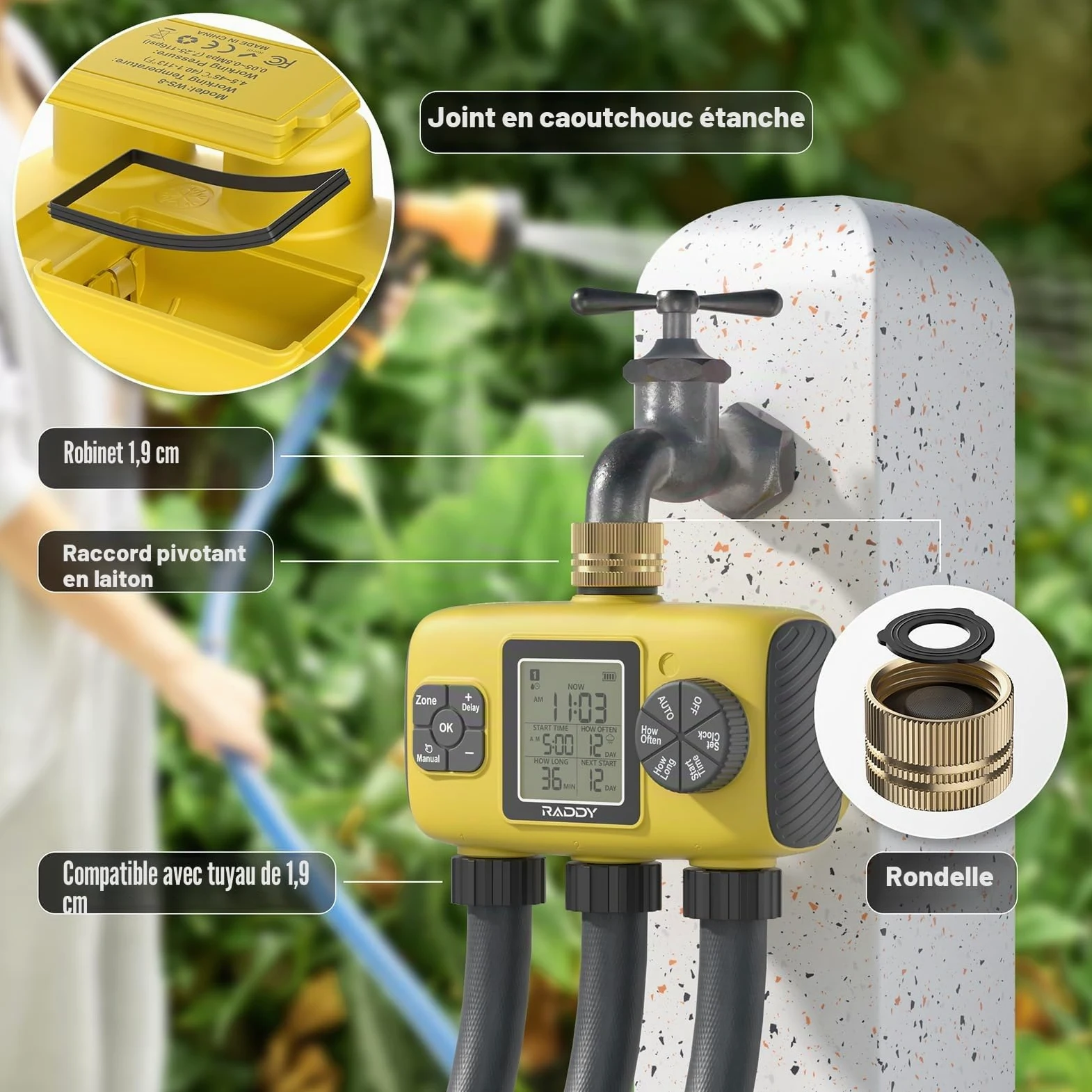 Raddy WS-8 Minuterie d'arrosage 3 Zones, Programmateur d'irrigation Automatique Intelligente, Arrosage Manuel, retardateur de Pluie, Grand écran LCD, IPX5 pour Jardins Cours