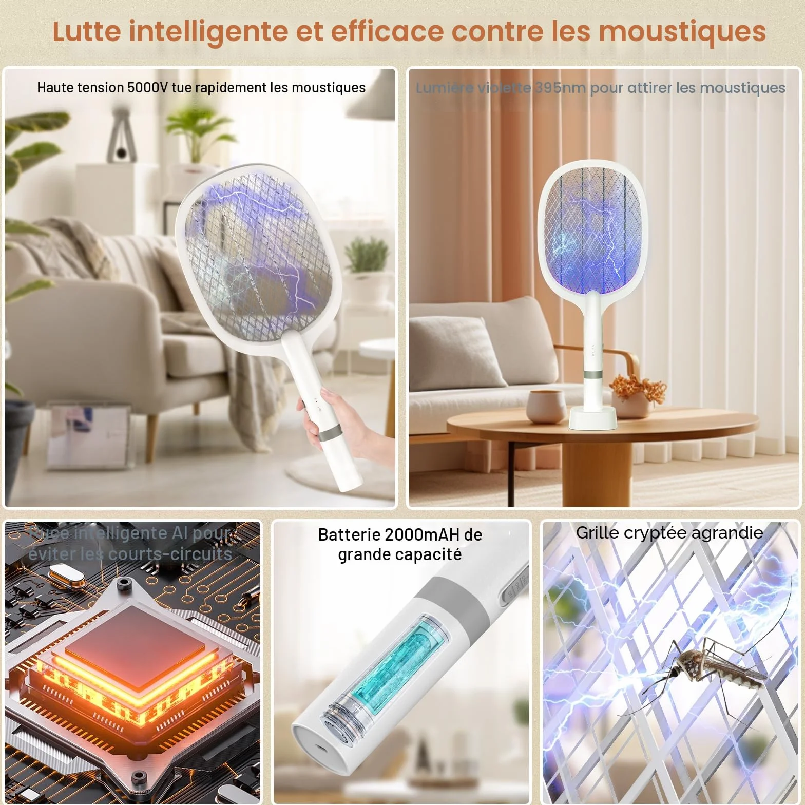 Raquette Electrique Insectes 5000V 2000 mAh Tapette à Mouches USB C 2 en 1 Anti-Moustiques