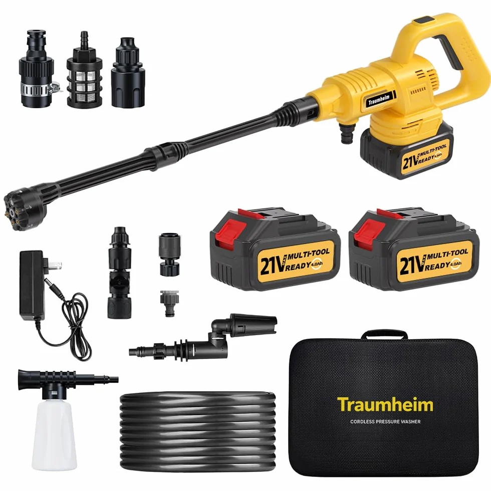 Nettoyeur Haute Pression à Batterie 21V, 68 Bar / 990 PSI, avec 2 Batteries de 4000 mAh, Ensemble d'accessoires de 17 pièces, Tige d'allongement,Jaune foncé | Moteur sans balais, buse rotative à 180°/360°, buse 6 en 1, raccord de bouteille, barre d'extens