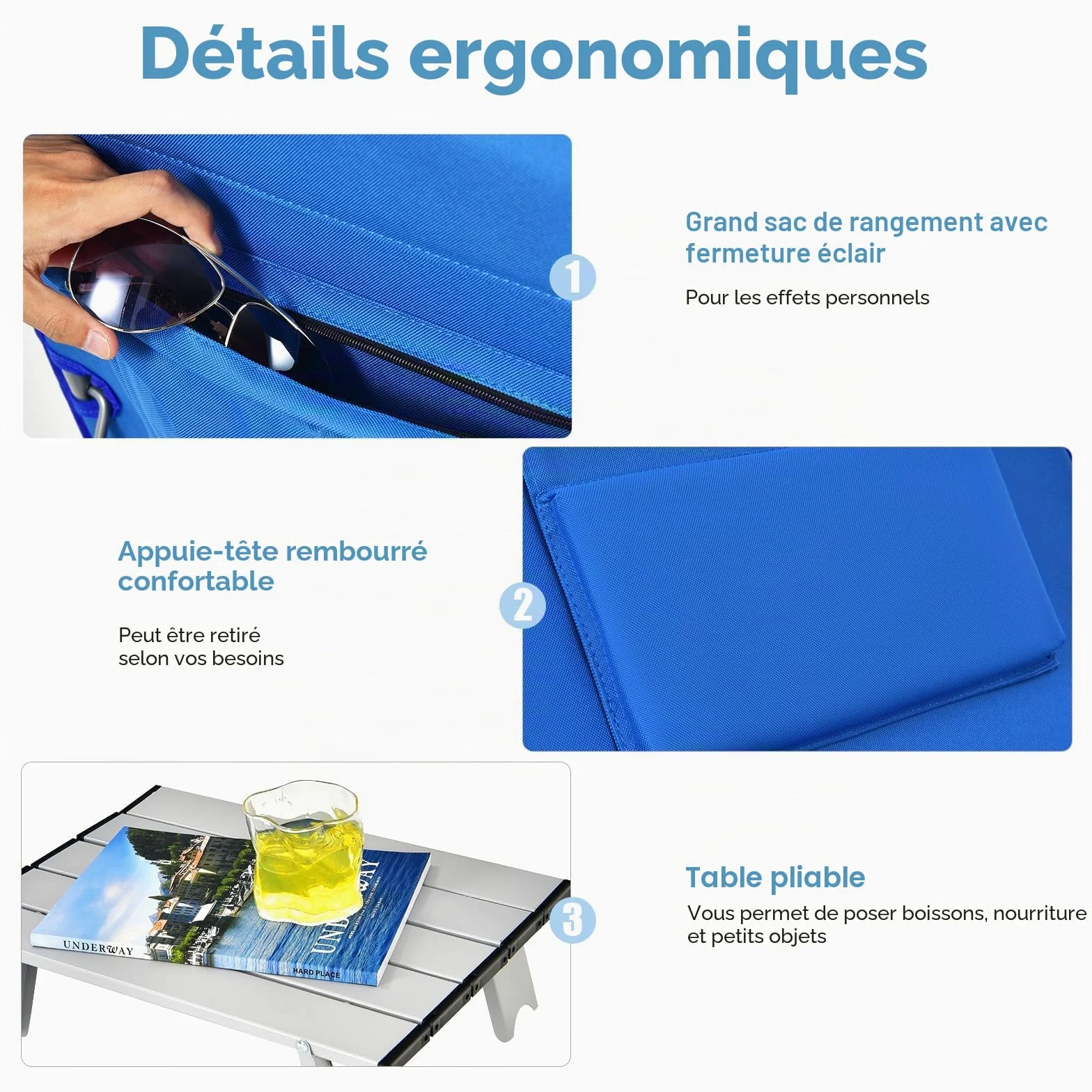 KOMFOTTEU Lot de 2 Matela de Plage Pliable avec Table Basse, Tapis de Plage, Dossier réglable en 5 Positions, Lits de Plage avec Appuie-tête, Portable avec Bandoulière, 151 x 55,5 cm (Bleu)