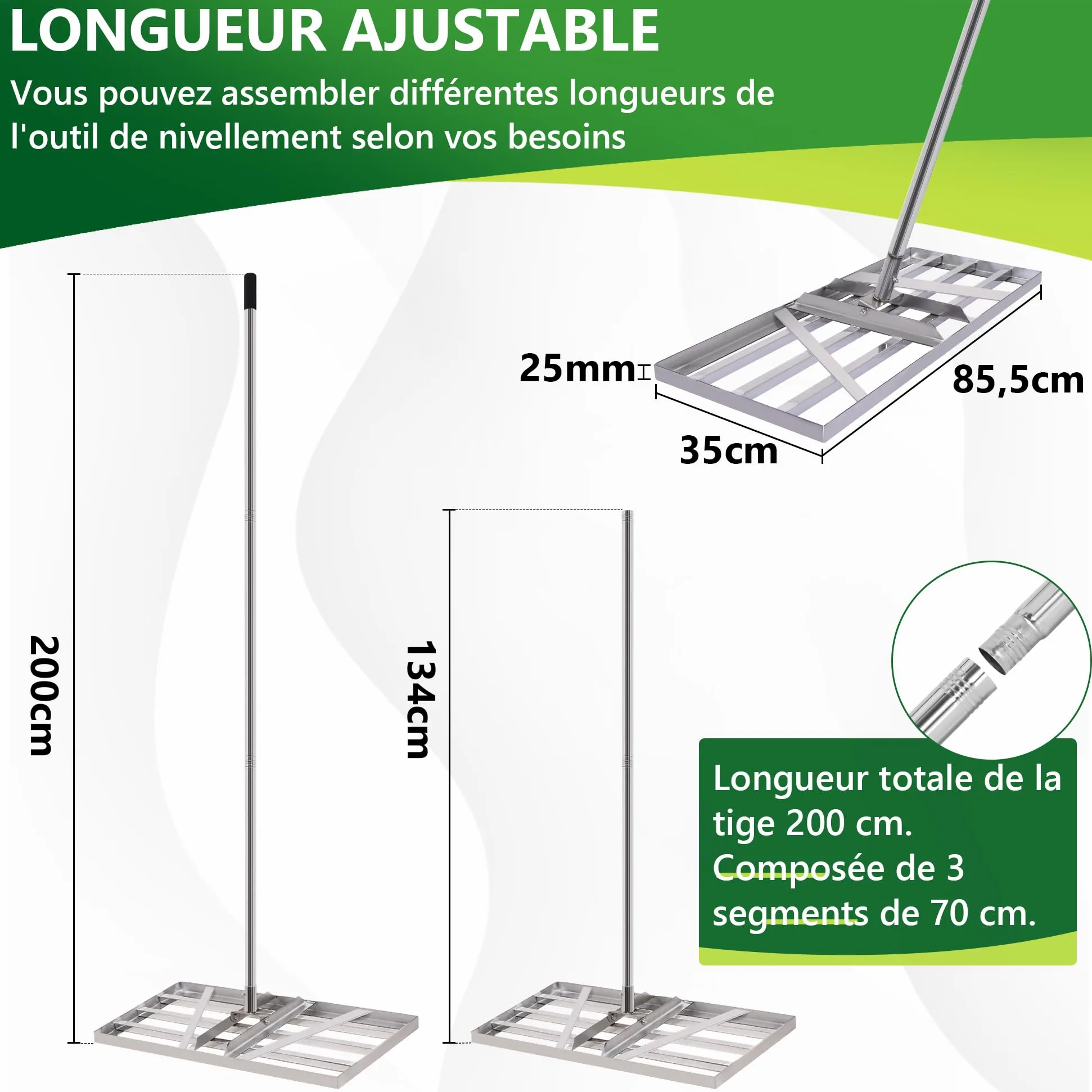 XIIW XXL Râteau de Nivellement Pelouse 85 x 35 cm, Manche Réglable 200 cm | Acier Inoxydable V2A Épaissi, Outil pour Niveler Gazon, Pelouse et Sol, Jardins, Terrains de Golf et de Football