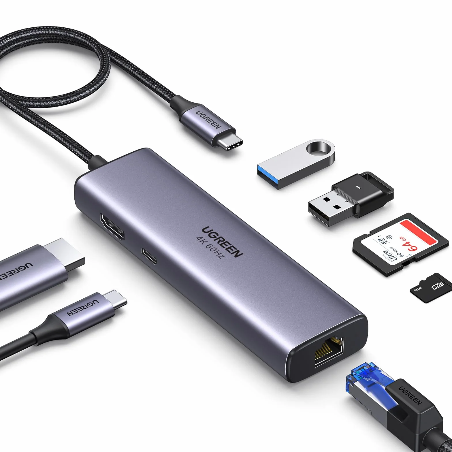 UGREEN Revodok 107 Hub USB C Ethernet Gigabit HDMI 4K 60Hz Lecteur de Carte SD TF PD 100W 7 en 1 Docking Station