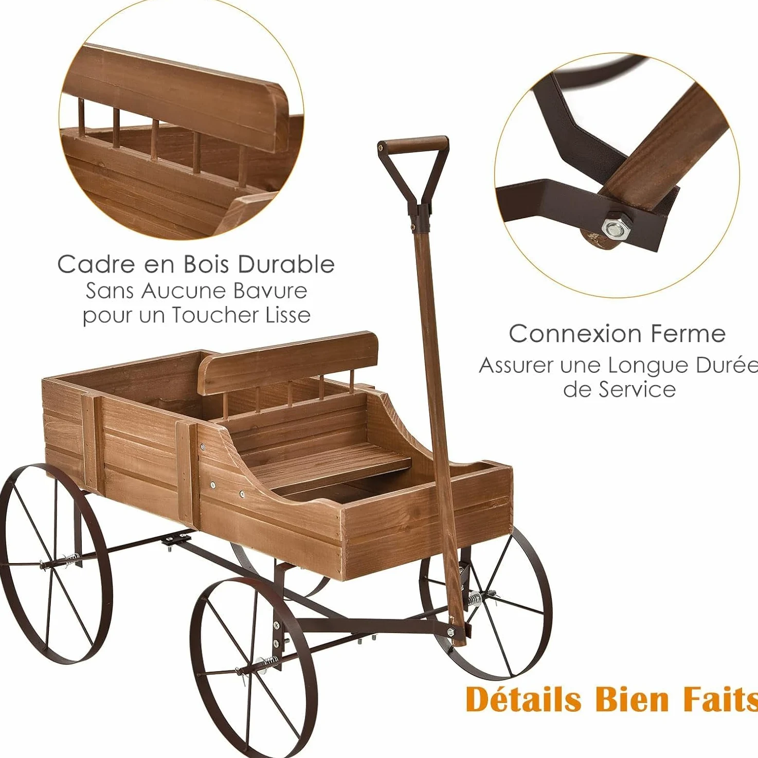 RELAX4LIFE Brouette Décorative en Bois avec 4 Roues en Métal, Chariot à Fleurs avec Capacité de Charge Jusqu'à 15 kg, Bac à Fleurs pour Jardin Balcon Terrasse (Marron)