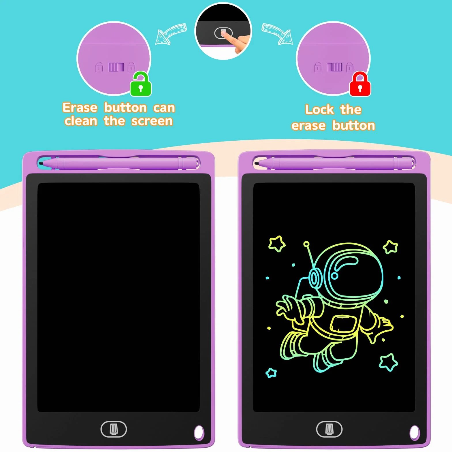 Electight 8.5 Pouces Tablette d'Écriture LCD Colorée avec Verrouillage & Effacement, Jouet Éducatif Enfants, Bleu+Rose+Violet