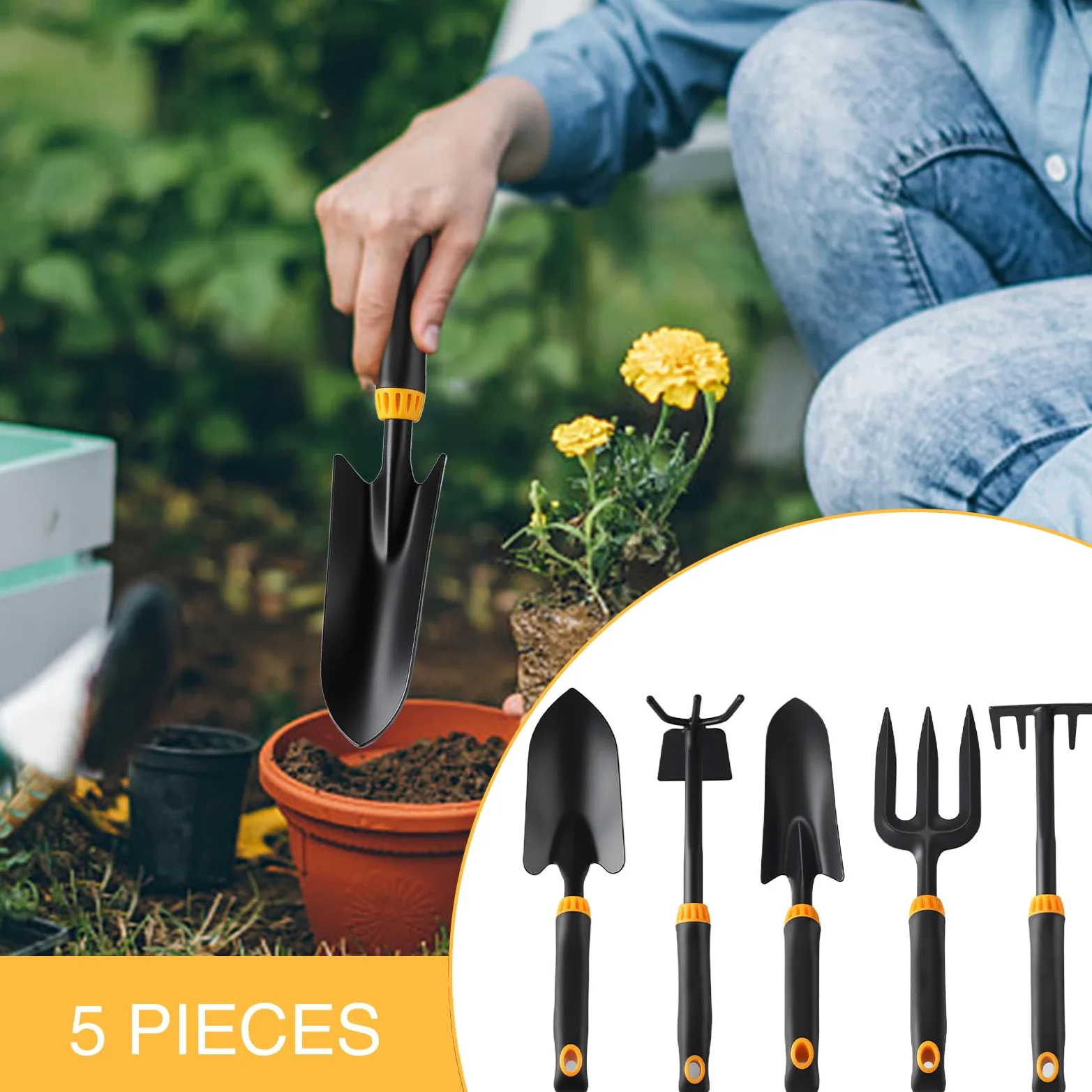 Pelle de Jardinage 5 Pièces Petites Pelles de Jardin | Set d'Outils avec Transplantoir pour Repiquage Culture Potager surélevé Jardin Extérieur Intérieur Pelouse Aménagement