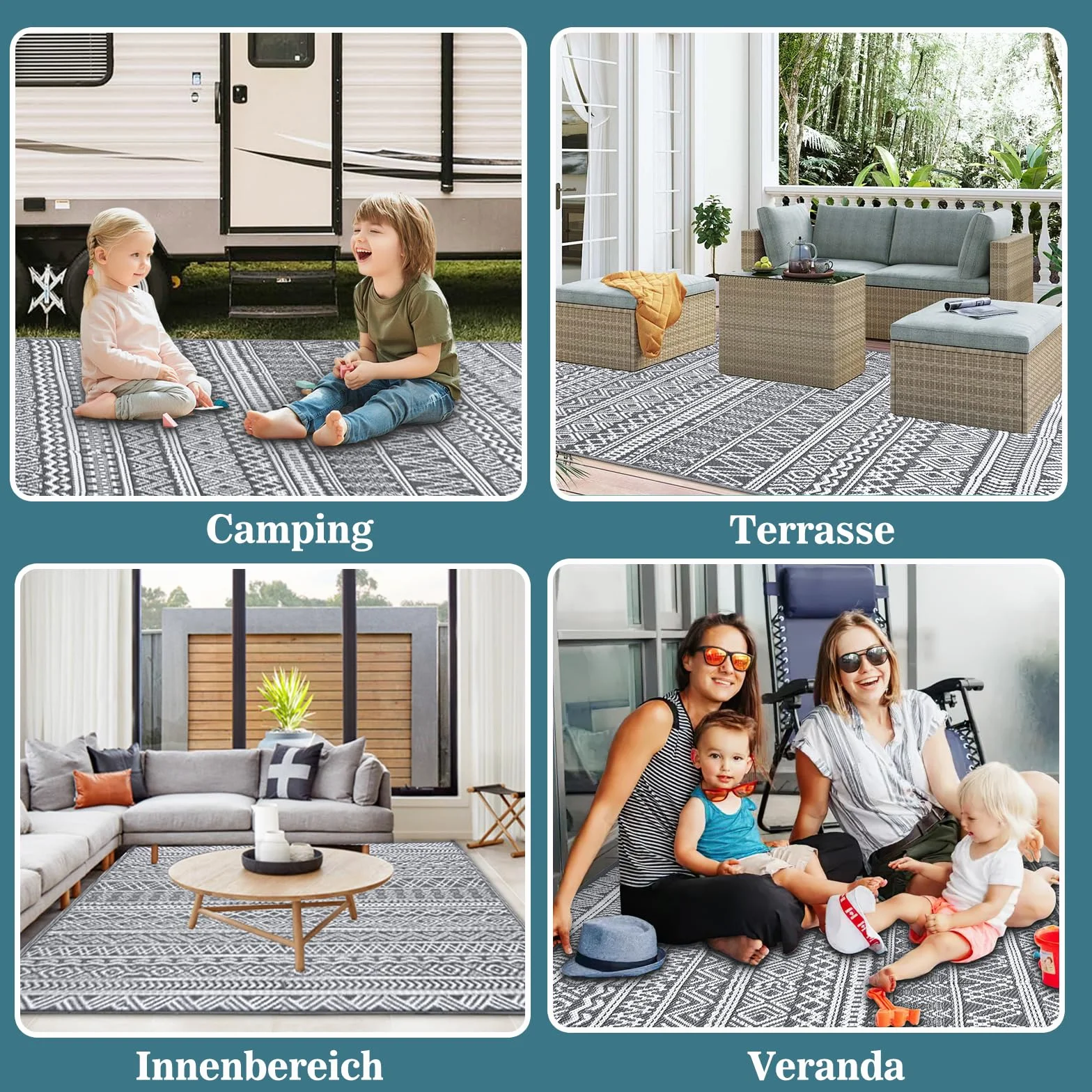 Alishomtll Tapis d'extérieur résistant aux intempéries, 180 x 275 cm, en plastique imperméable, pour terrasse, jardin, balcon, réversible, résistant aux UV, tapis extérieur, camping, pour barbecue