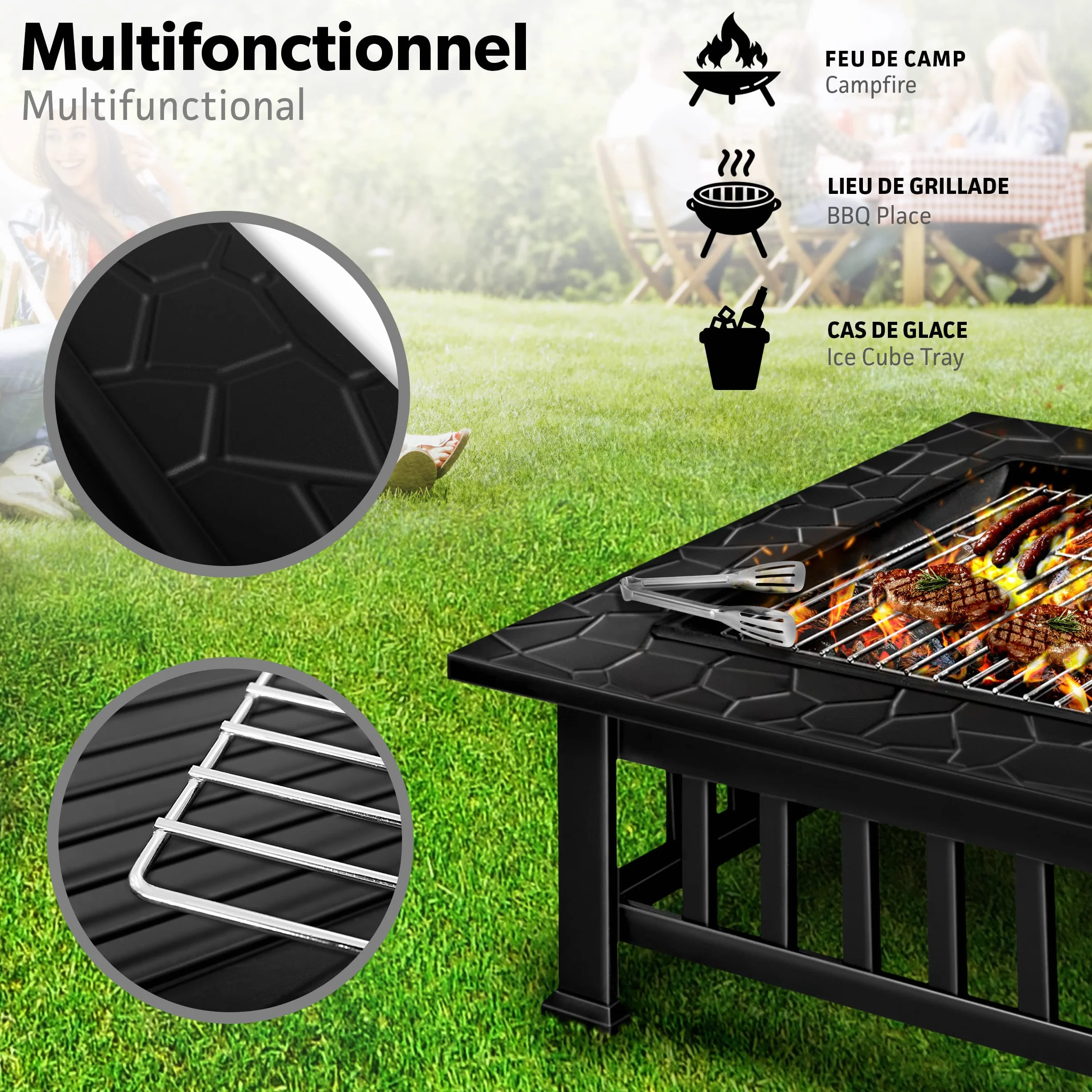 Tillvex Brasero Extérieur BBQ Jardin Terrasse Chauffage Gril Charbon Couvercle Feu Barbecue Tisonnier
