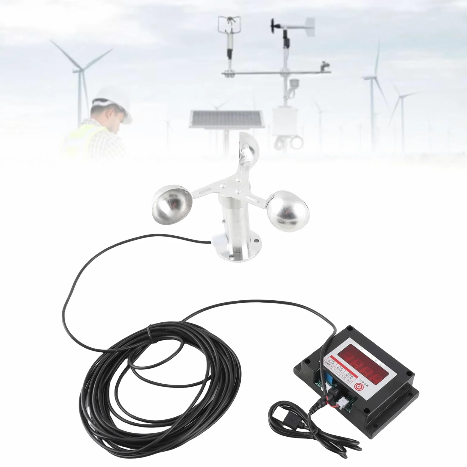 Qcwwy Stations Météorologiques et Accessoires Compteur de Vitesse du Vent à 3 Tasses Alarme Fiable de Vitesse du Vent pour Centrales électriques et Stations Météorologiques Anémomètre de Grue à Tour
