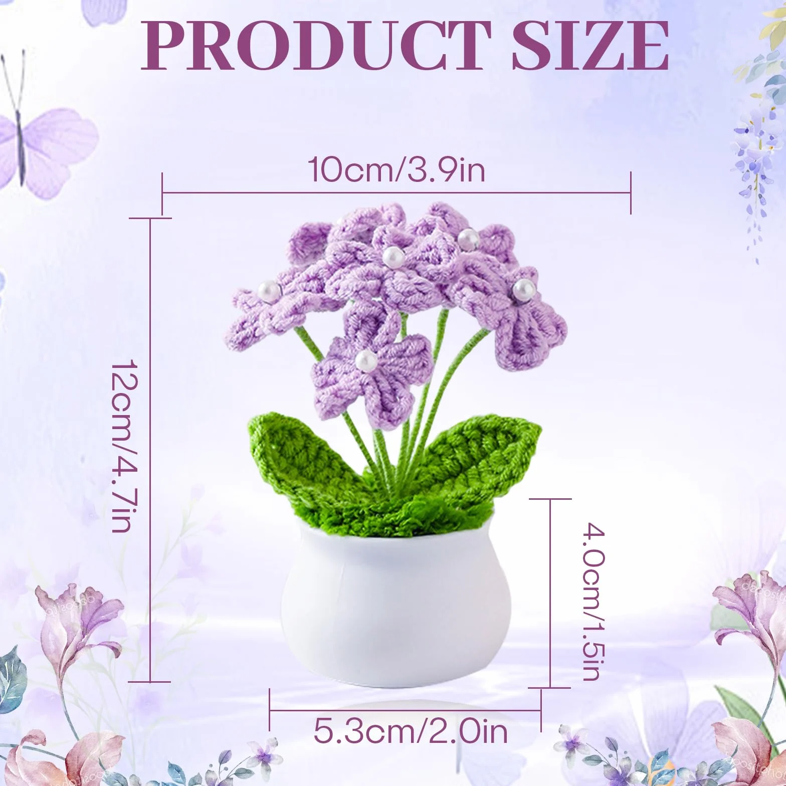 Fleur Crochet Tricotées Peluche Faites à Main Petites Plantes Pot pour Maison Bureau (Violet)