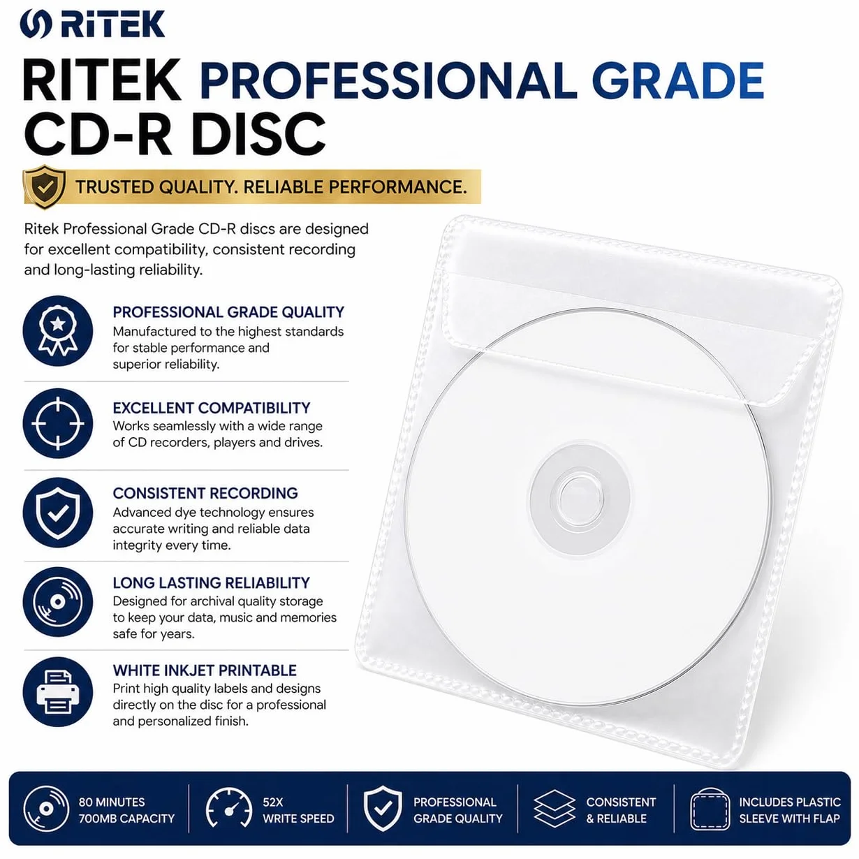 Ritek Lot de 20 CD-R vierges imprimables jet d'encre 52x blanc