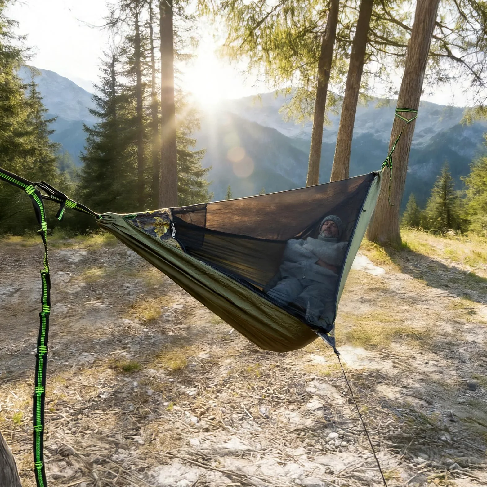 Nigt Cat Hamac Extérieur pour 1 Personne: Hamac Moustiquaire Léger Suspendu avec Matelas Gonflable pour Camping Bivouac Et Randonnée