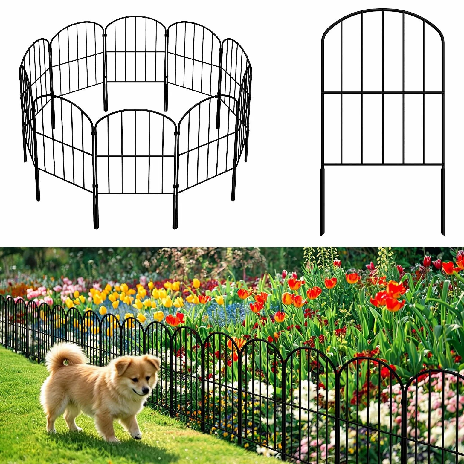 Clôture de Jardin Exterieur Décorative en Métal 61H x 33cmL 10 Panneaux | Barrière de Protection pour Chiens,Bordure de Décoration pour Pelouse, Patio, cour et Palissade de Jardin