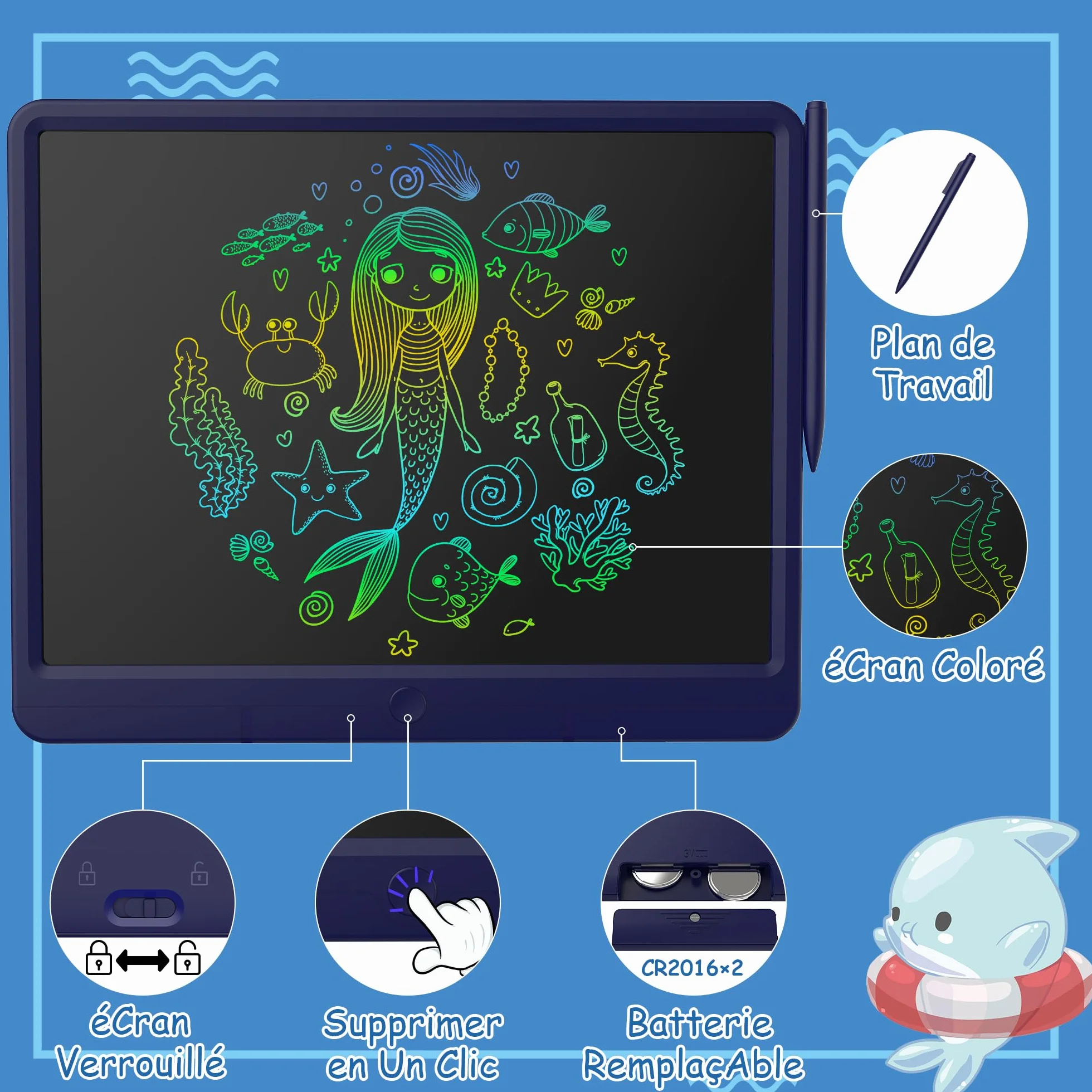 GIGART Tablette d'écriture LCD 15 pouces écran coloré effacement verrouillable cadeau anniversaire 3-12 ans bleu foncé