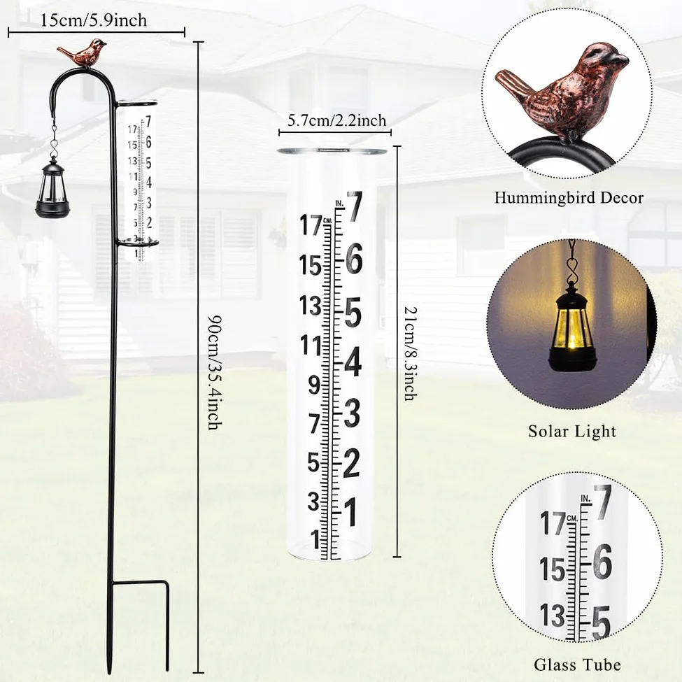 Pluviomètre solaire pour l'extérieur Motif colibri | Tube en verre de 17,8 cm, en forme de lampadaire, pluviomètre décoratif pour jardin, cour, pelouse