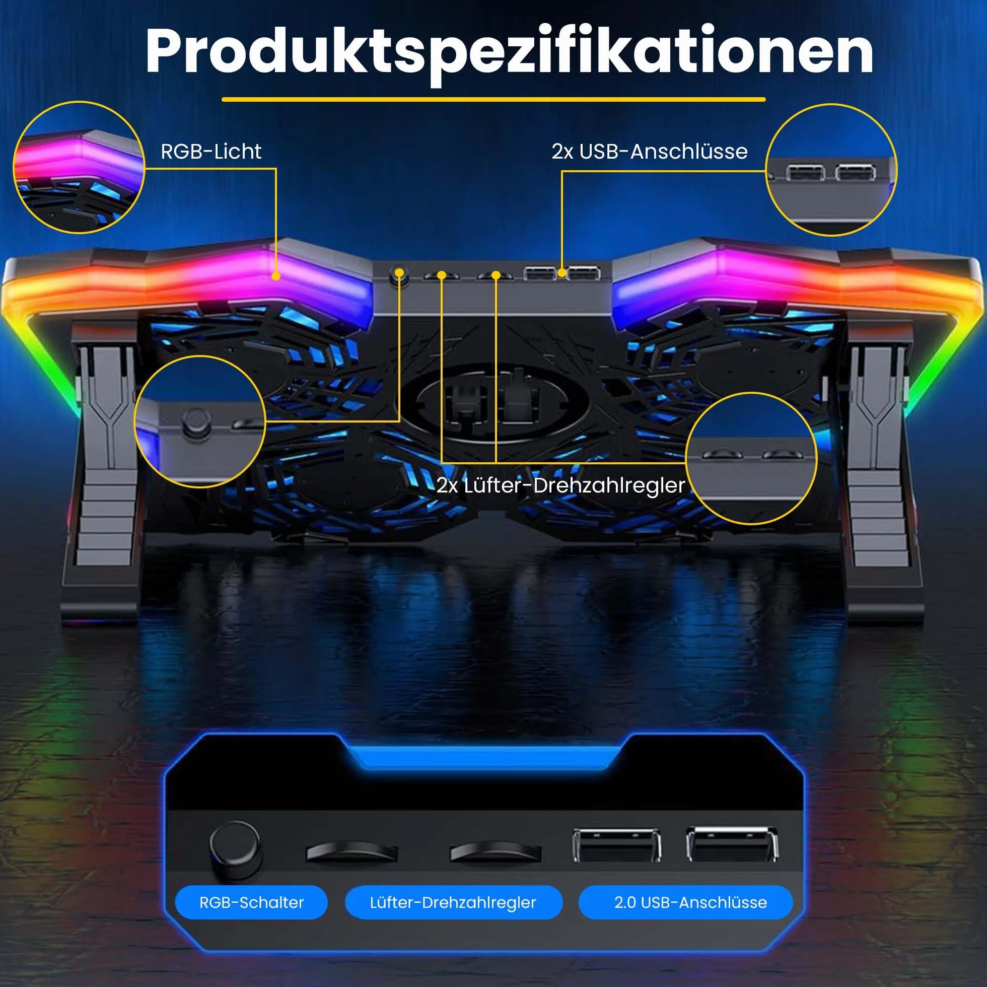 Offgridtec K25 Pro Support ventilé Ordinateur Portable 4 Ventilateurs Silencieux 1100 TR/Min 2 Ports USB Hauteur réglable