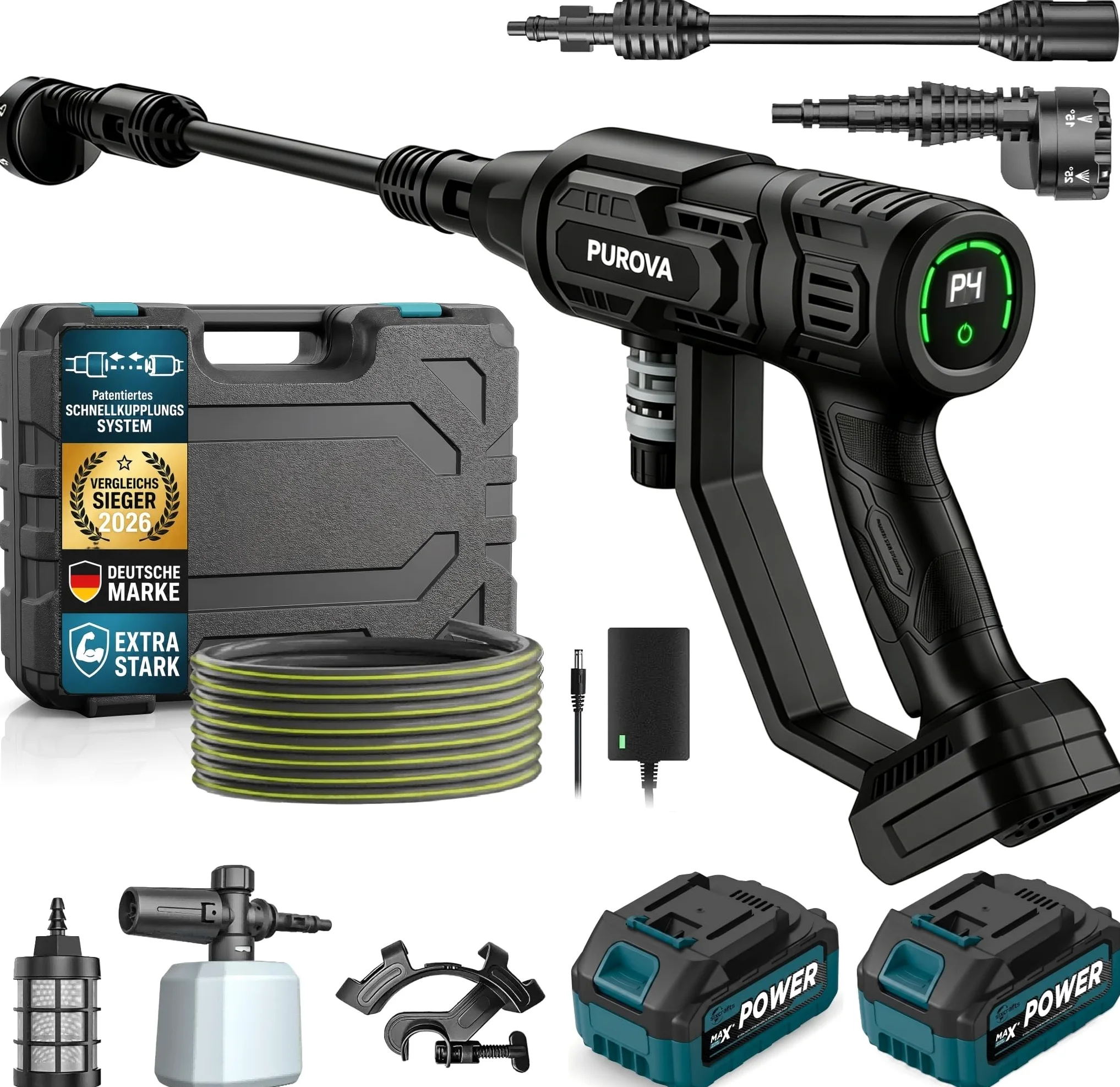 Nettoyeur Haute Pression sans Fil 125 Bar, Moteur sans Balais 1500W & Écran LCD, avec 2X 21V 4.0Ah Batteries, 4 Niveaux de Pressio, 600 L/h, Buse 6-en-1 & Tuyau 5m pour Voiture et Jardin