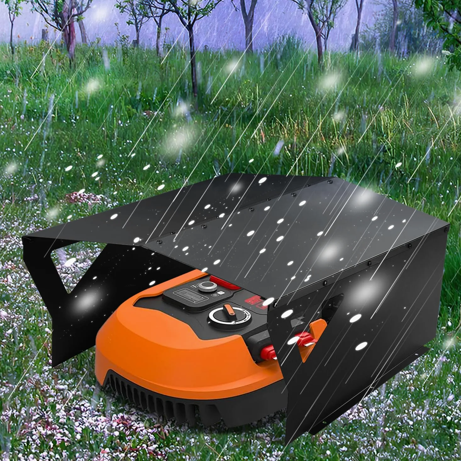 Herrselsam Abri de protection galvanisé pour tondeuse robot avec gants et protection UV - Idéal contre la pluie et la grêle - 78 x 60 x 34 cm - Noir