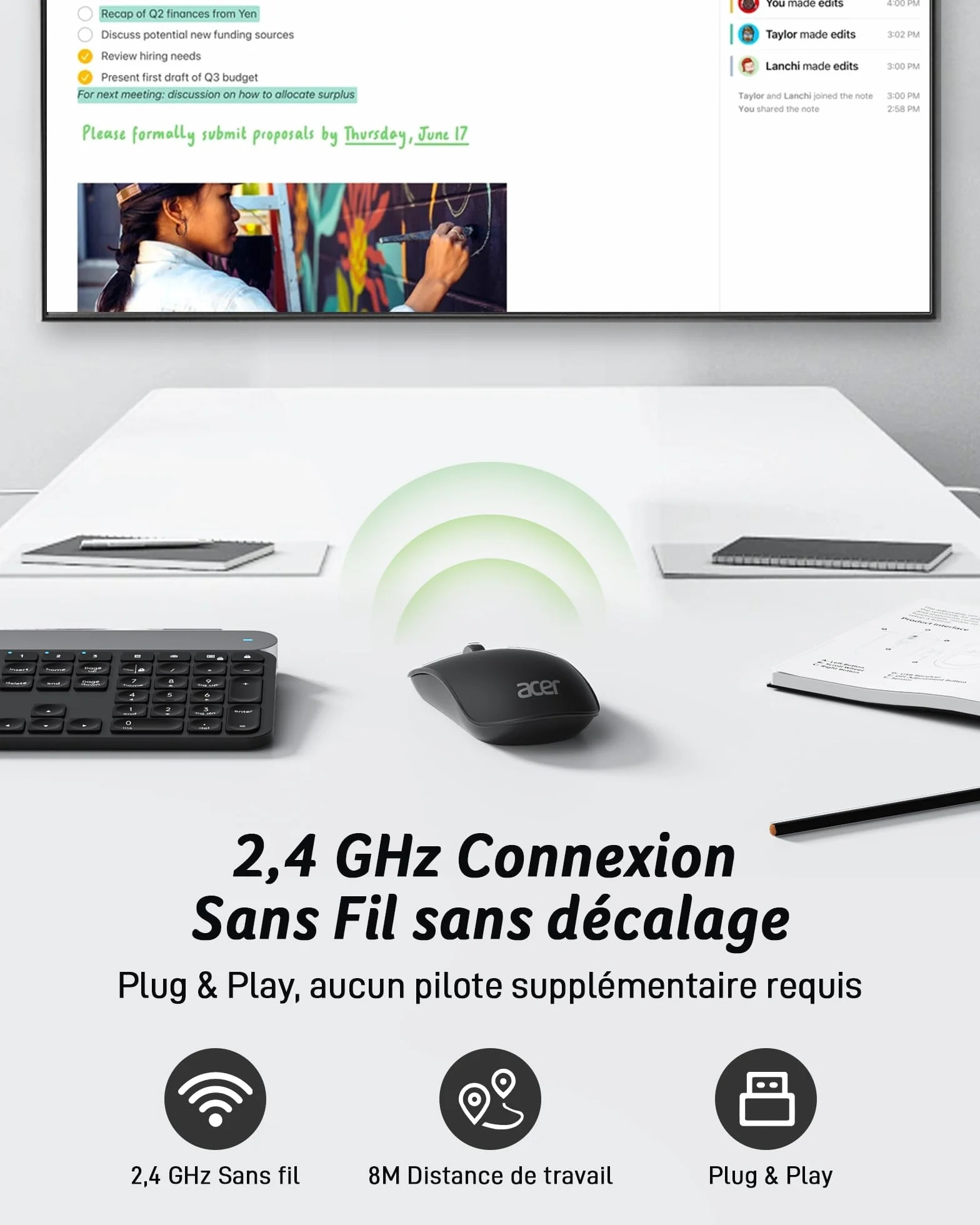 Acer Souris sans Fil 2.4GHz Optique 4 Boutons Programmables 1600 PPP Ambidextre Ergonomique USB PC