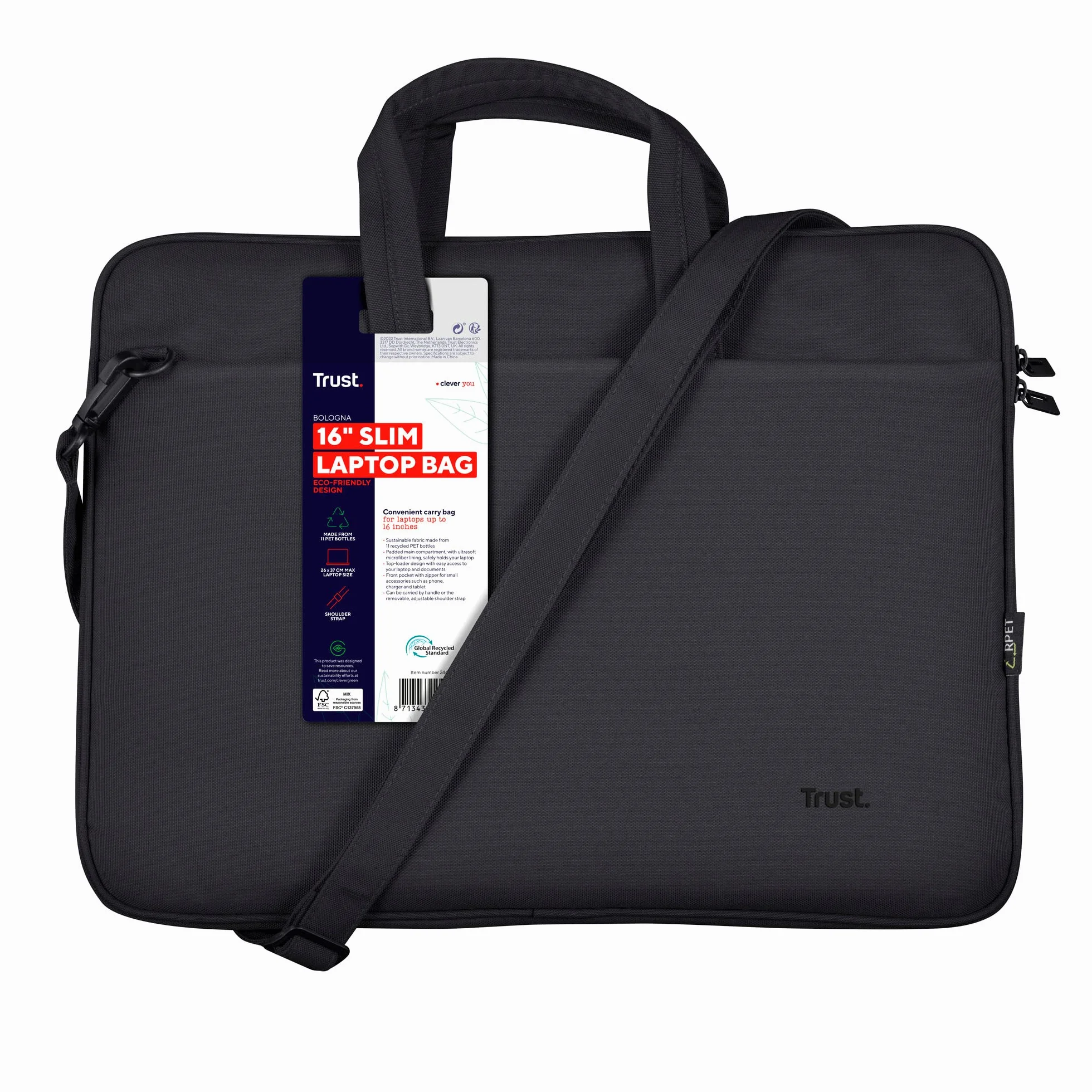 Sac Mince pour Ordinateur Portable 16 Pouces Trust Bologna Recyclé Bandoulière Voyage