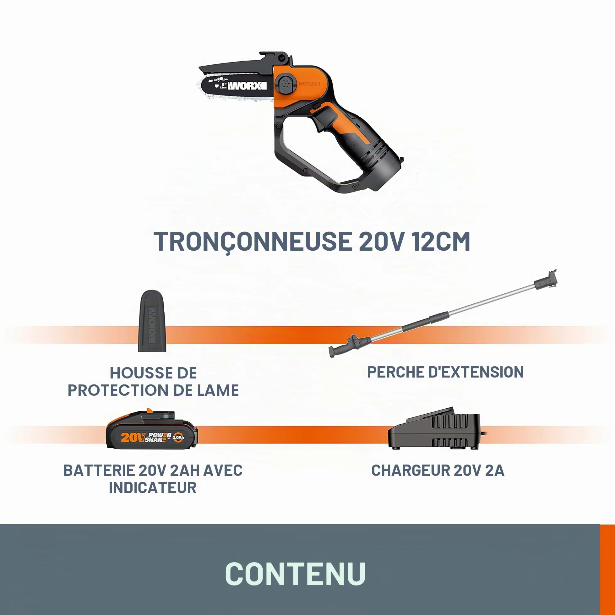 WORX Tronçonneuse Sans Fil WG324E.1 20V Max guide 5"/12cm avec Perche 125cm | Réglage Sans Outil Mini-tronçonneuse/Élagueuse,Perche Télescopique,PowerShare 2.0Ah Batterie et Chargeur Inclus pour Élagage