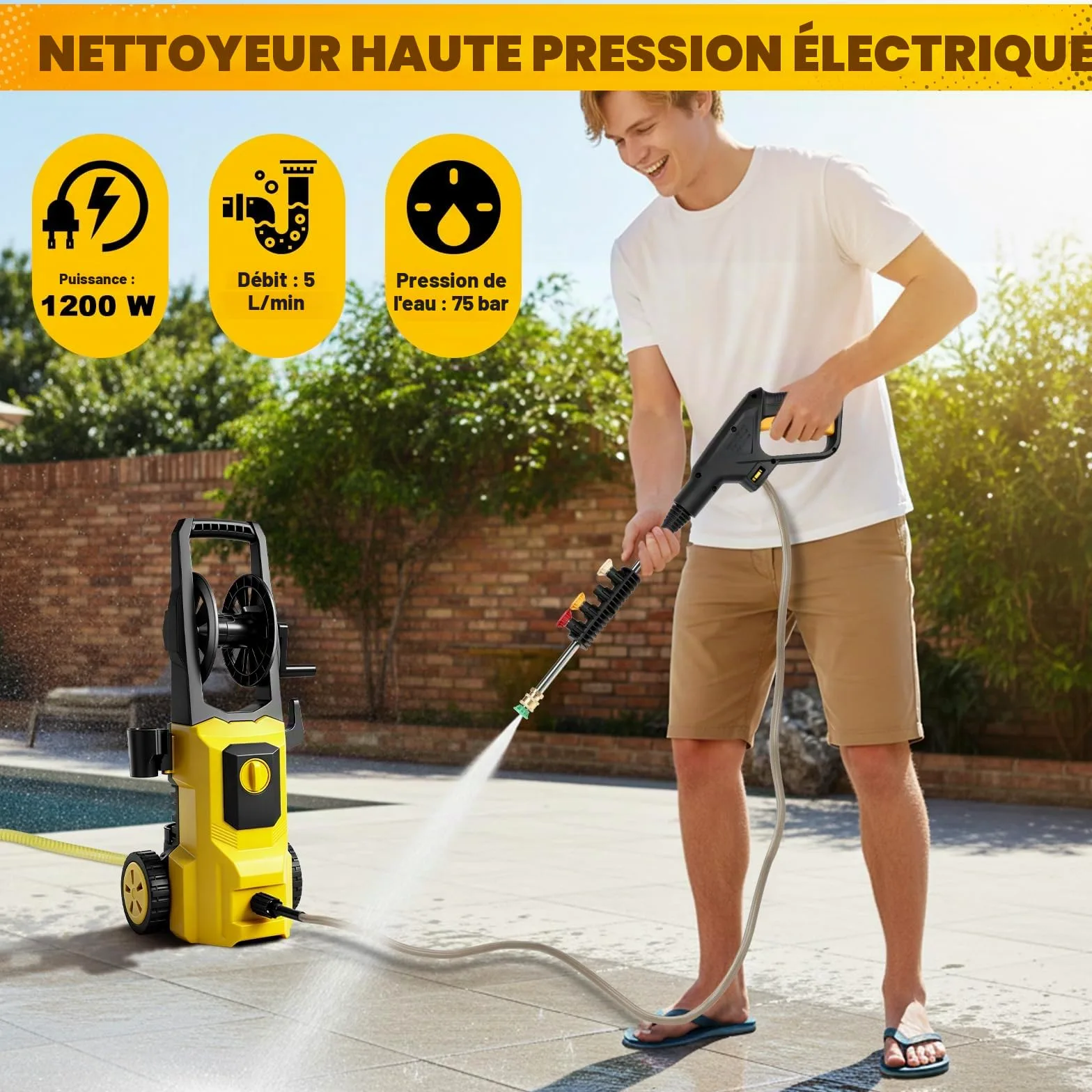 Nettoyeur Haute Pression, 80 Bar, Pression de Travail débit 300 l/h, Mobile, Pistolet Haute Pression avec buse réglable, pour Voitures, clôtures, terrasses, avec Tuyau de 10 m