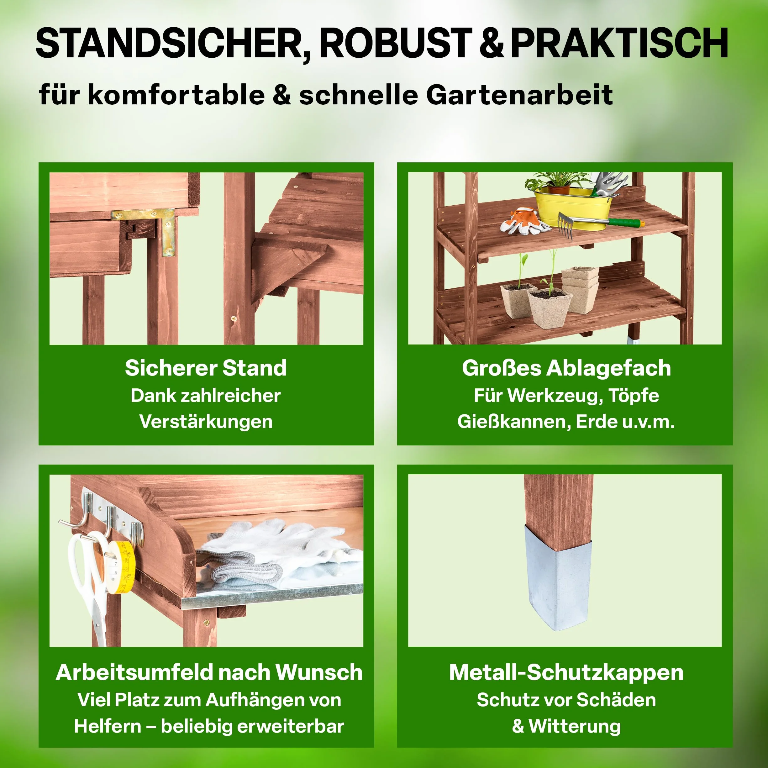 TTL Garden Planter Deluxe Table de jardinage 3 tiroirs plan de travail galvanisé extérieur résistante intempéries étagère 6 crochets bois sapin marron