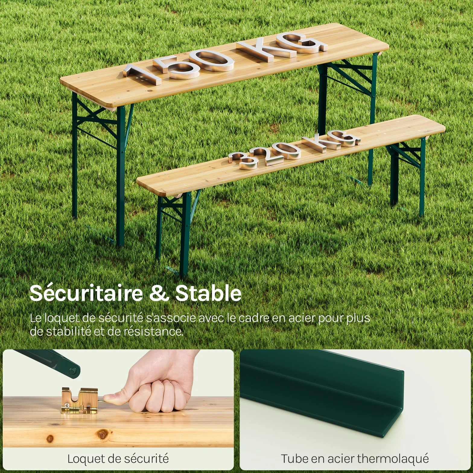 WOLTU Ensemble de Table et Banc de Brasserie 3 Pièces Table Pliante Extérieure avec 2 Bancs Pliables en Bois et Métal