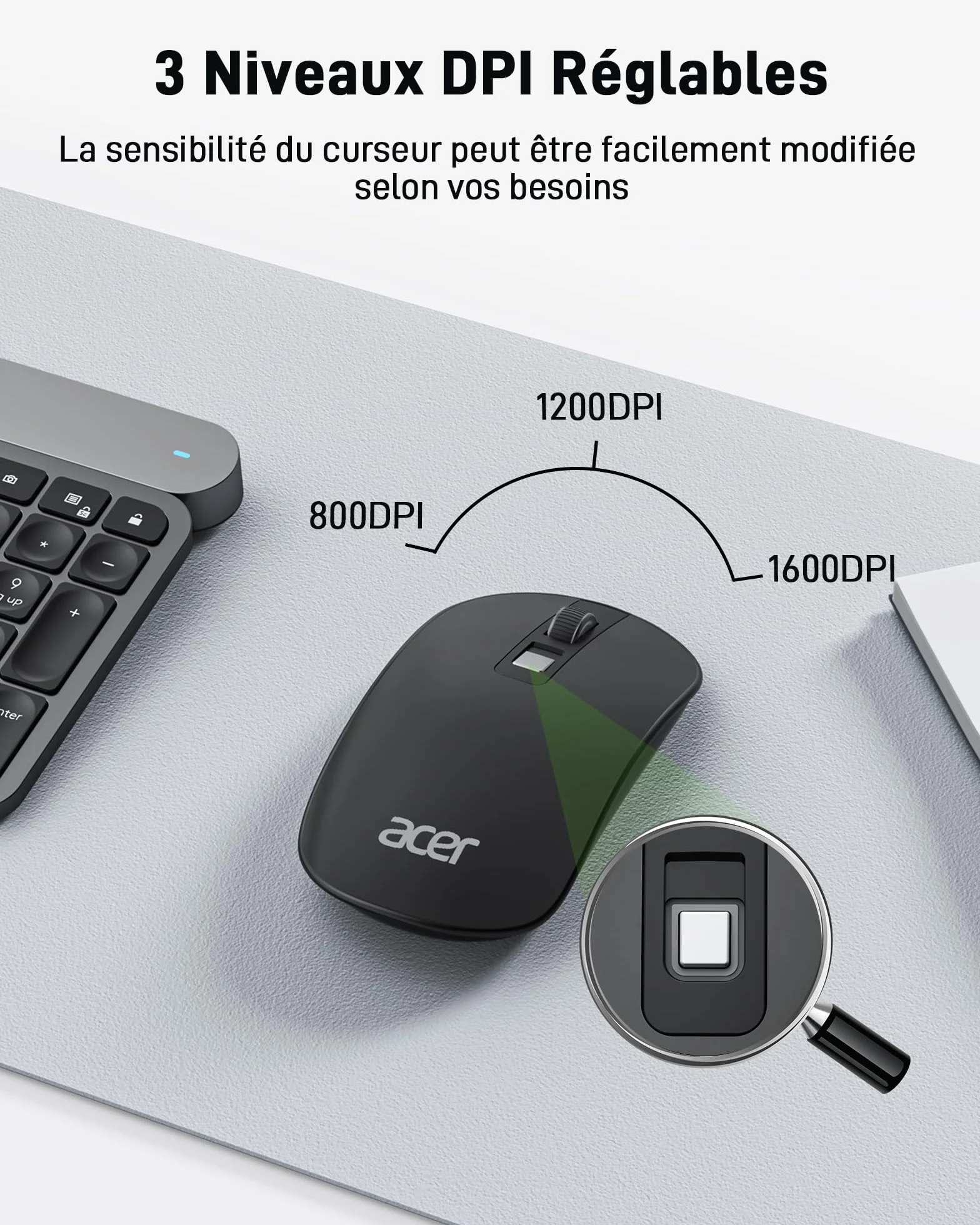 Acer Souris sans Fil 2.4GHz Optique 4 Boutons Programmables 1600 PPP Ambidextre Ergonomique USB PC