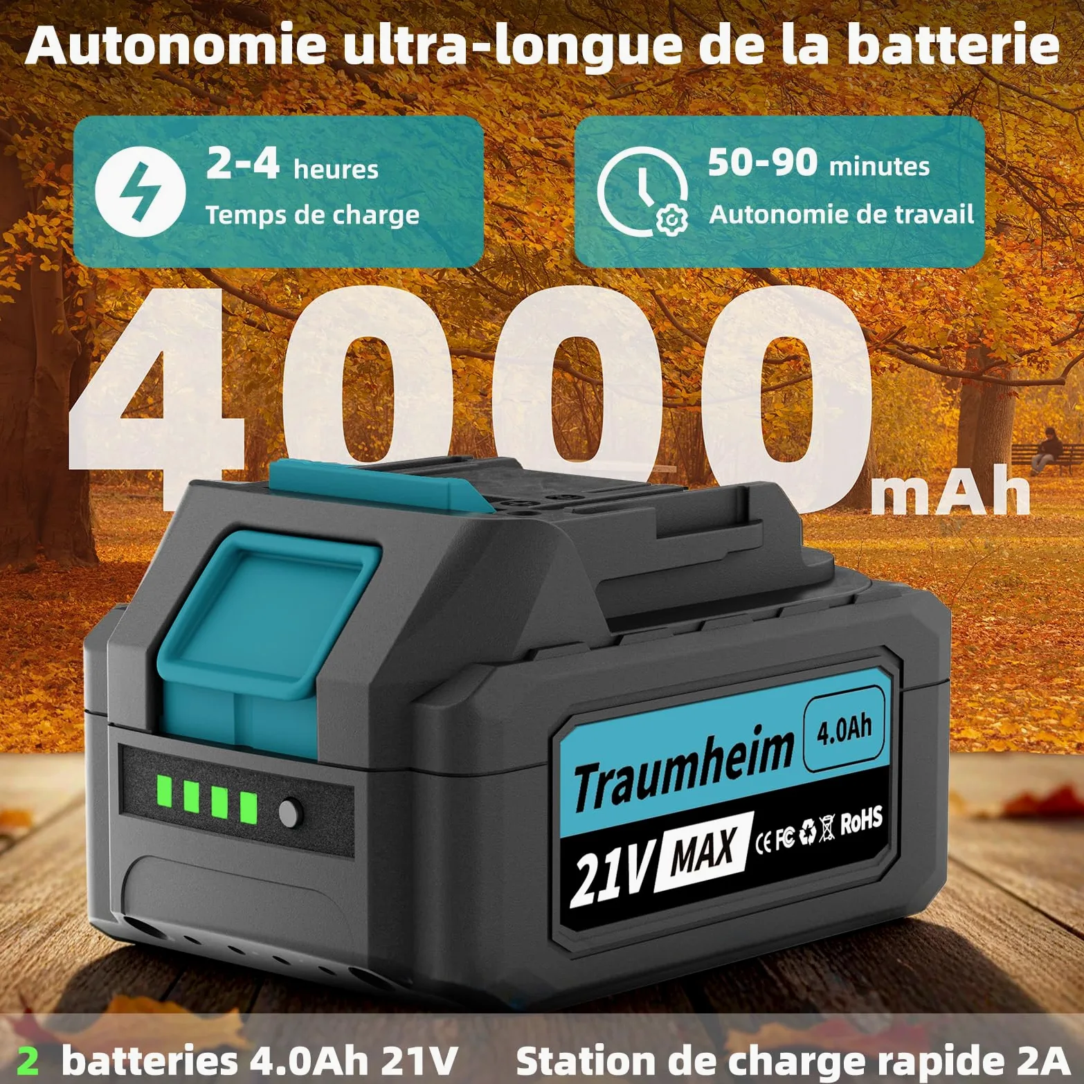 Souffleur de Feuilles sans Fil avec Batterie, 3 Vitesses, électrique sans Fil avec 2 Batteries 4,0Ah/21V, 1200 m³/h, pour Jardin, Feuilles, poussière et Neige