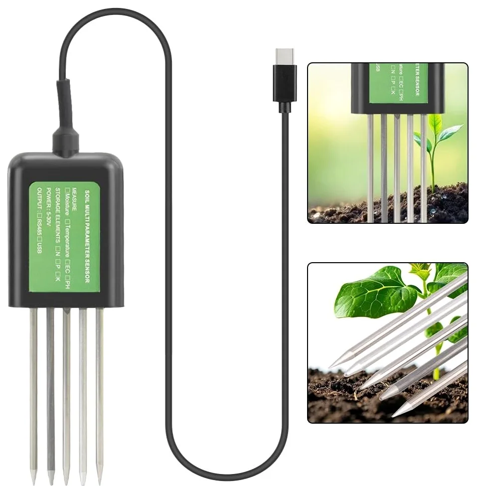 Sonde de sol USB 7 en 1 Testeur de sol avec PH/EC Température Humidité NPK Analyse de l'humidité IP68 Étanche Interface USB pour appareils Android pour l'agriculture, le jardinage et la