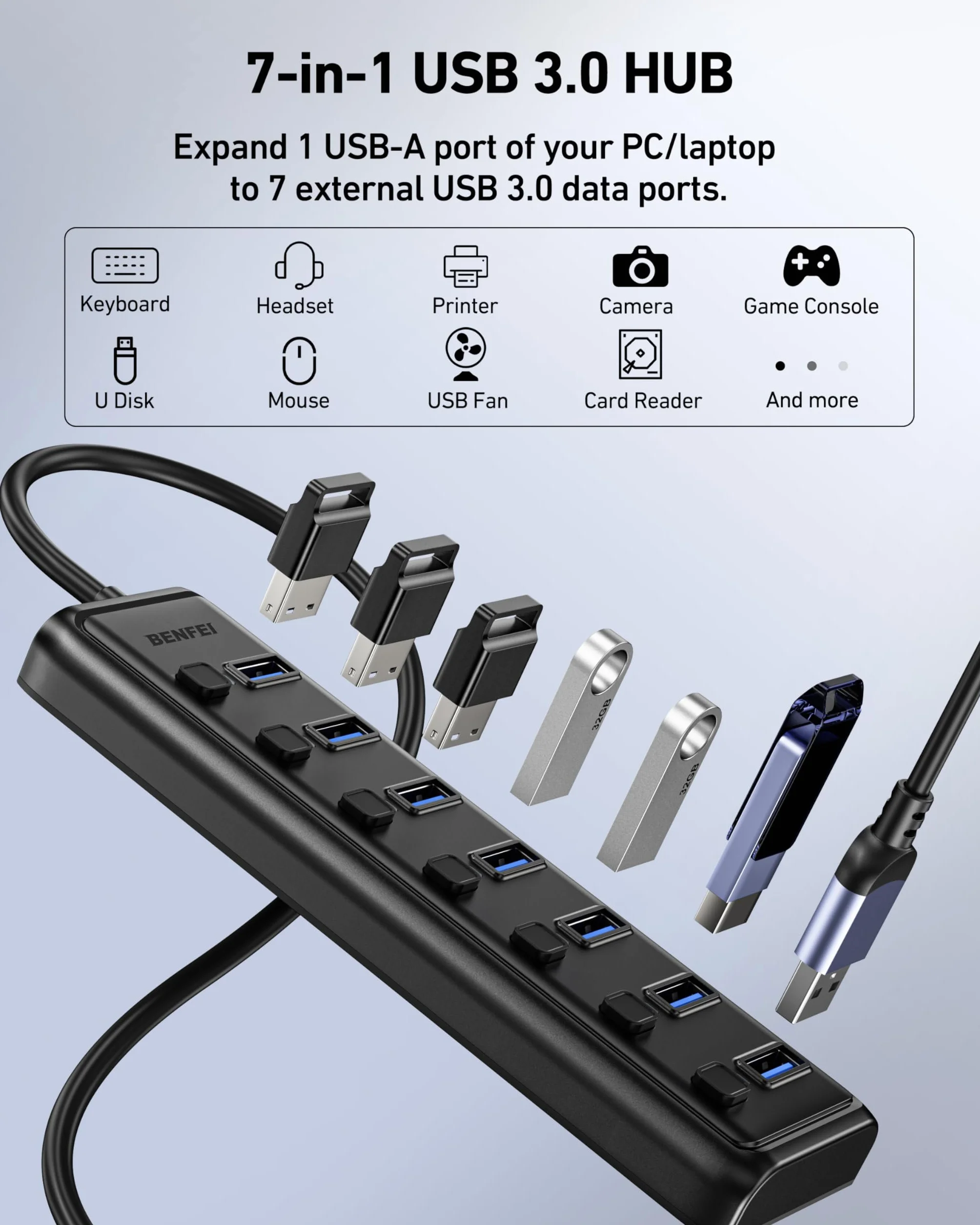 BENFEI Hub USB 3.0 7 Ports avec Câble 1 mètre Compatible MacBook Pro Air Mac Pro Mac Mini iMac Surface Pro XPS PC Clé USB Disque Dur Mobile