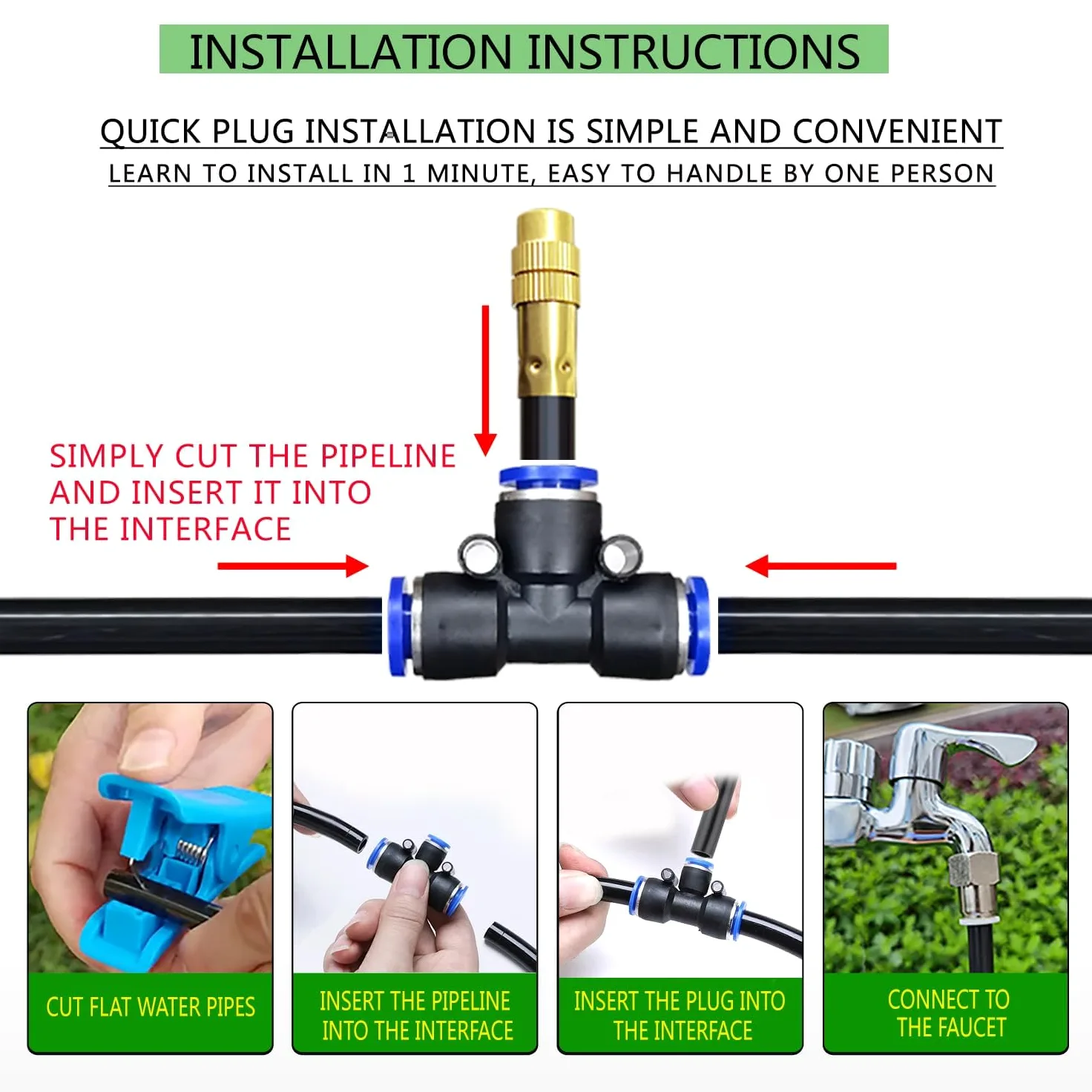 Kit d'irrigation goutte à goutte flexible à 360 ° avec tuyau de brume – Système d'irrigation automatique réglable pour jardin, pelouse et plantes (installation facile, configuration en 6 étapes)