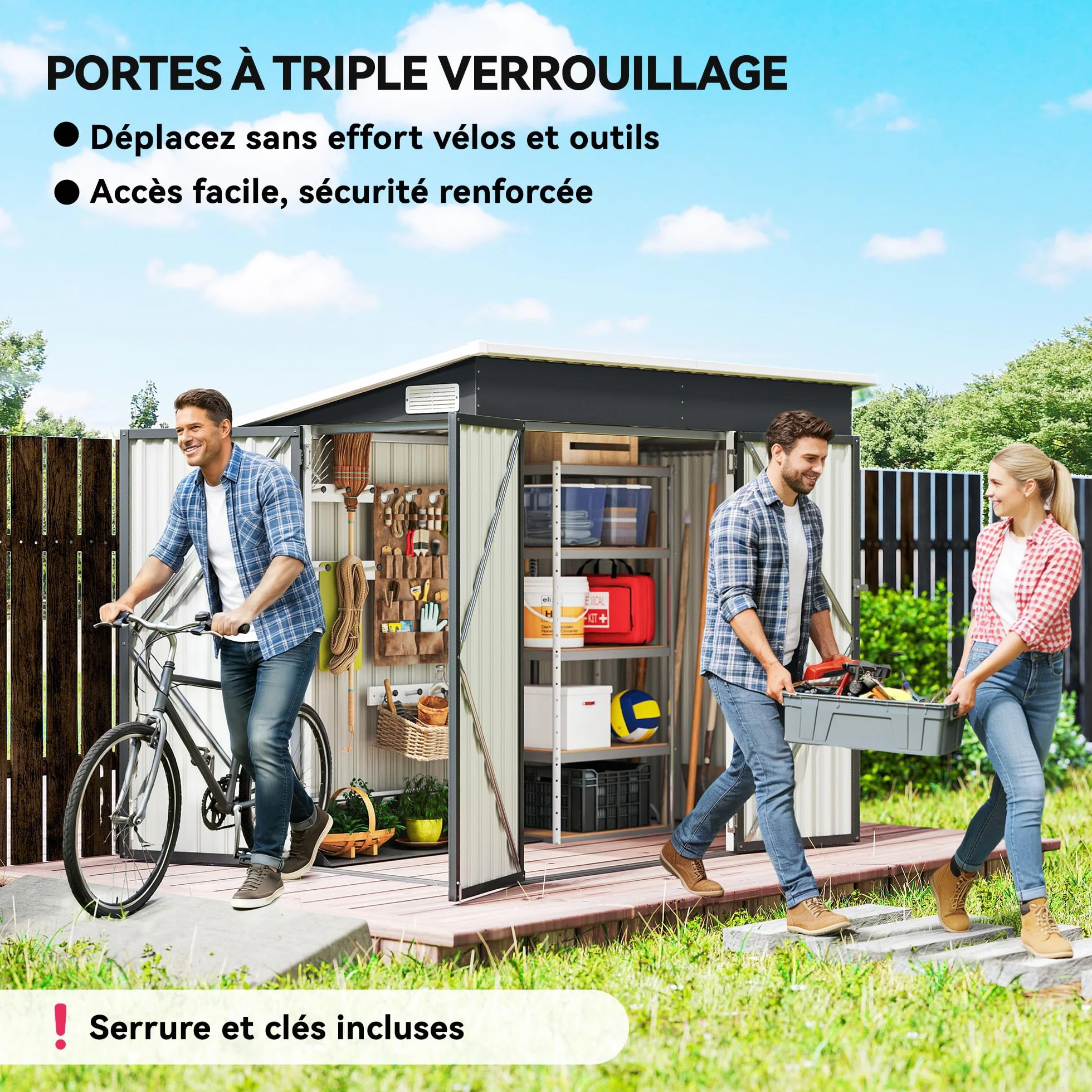 Outsunny Abri de Jardin métal 234 x 132 x 185 cm Triple Porte verrouillable Toit incliné Acier galvanisé Gris foncé