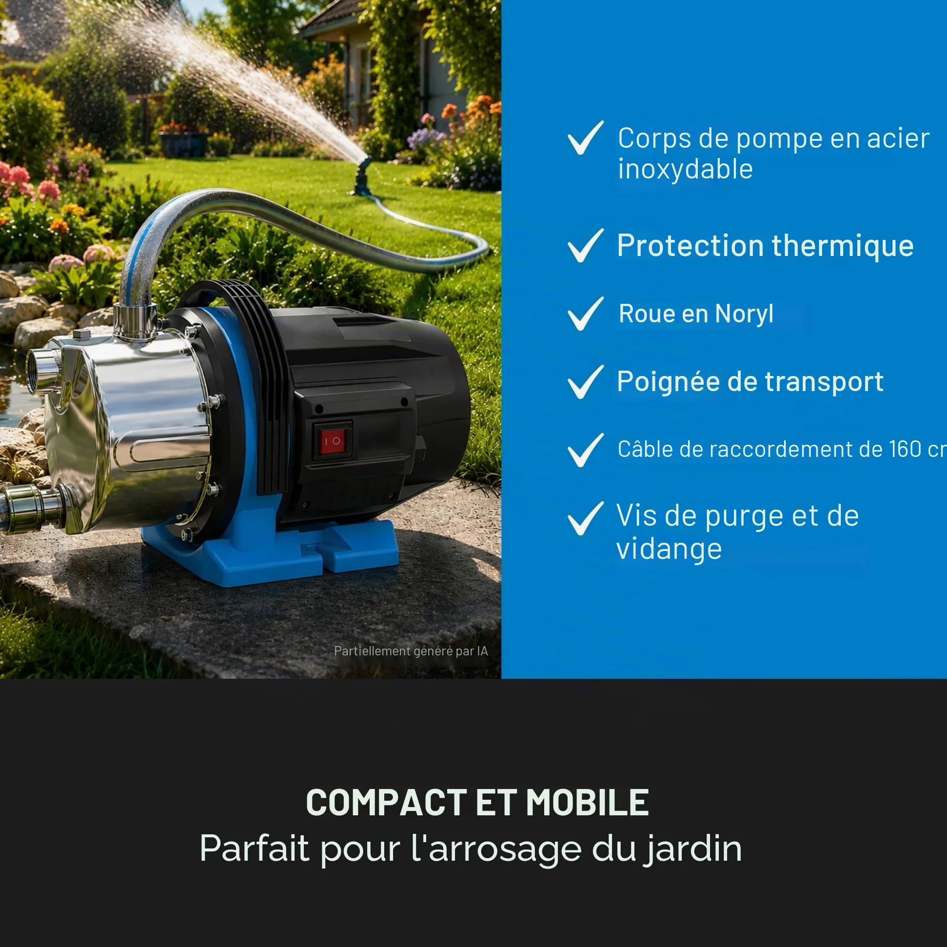 Güde Pompe de jardin GP 1045 E (1000 W, débit : 4500 l/h, hauteur de refoulement max. : 45 m, hauteur d'aspiration max. : 8 m, boîtier de pompe en acier inoxydable, roue norylle, disjoncteur thermique