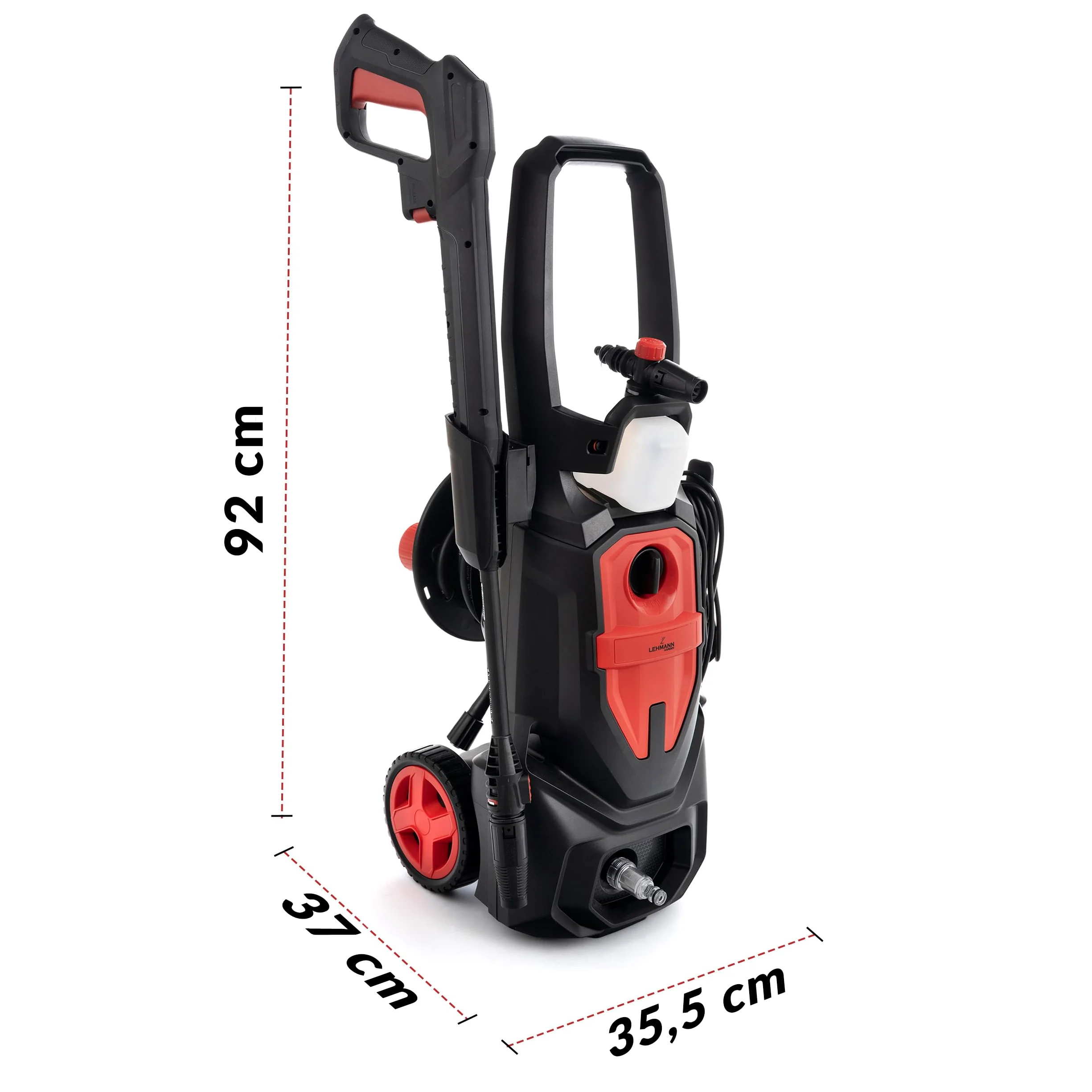 LEHMANN Austin Nettoyeur Haute Pression, 1800 W, Max. 220 Bar, Débit 450 l/h, Pompe en Aluminium, Rayon d'action 10 m, Enrouleur câble, Buse Réglable & Turbo, Canon à Mousse, Noir/Rouge