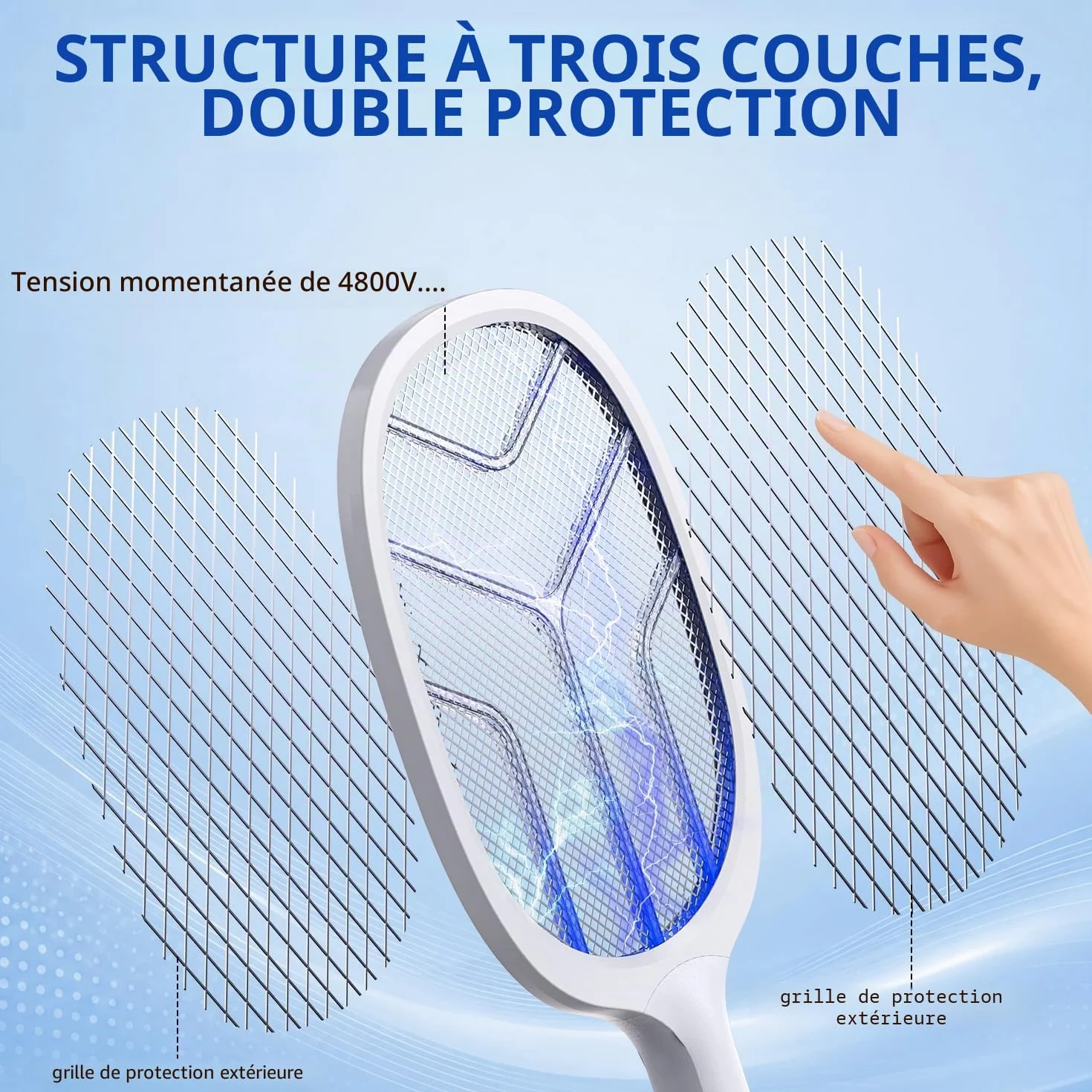 Raquette Electrique Insectes 4800V Tapette Moustique avec Piège Lumière UV Rechargeable USB 2000mAh Blanc