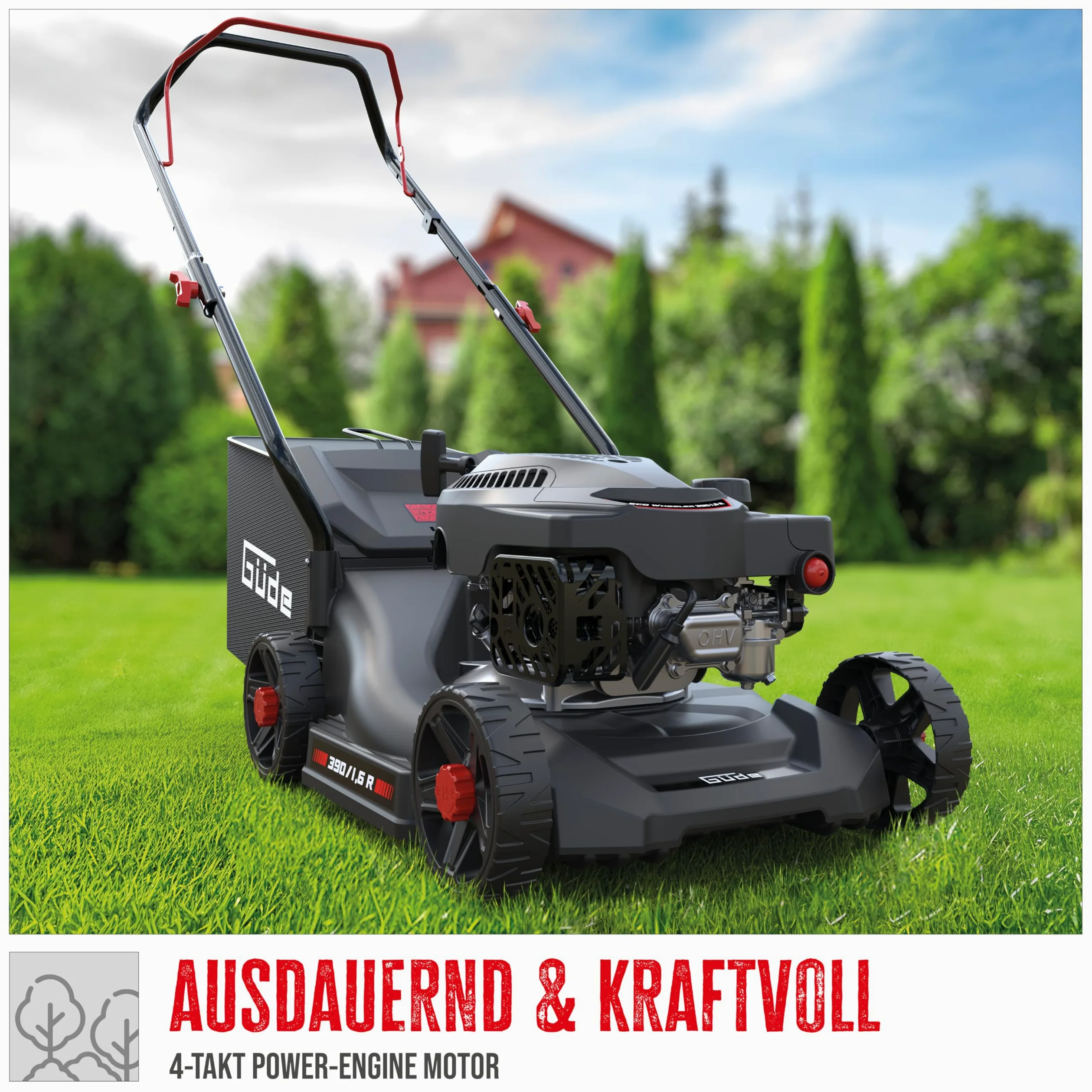 Güde Tondeuse à Gazon ECO Wheeler 390 1,6 R (Moteur à Essence 4 Temps 1,6/2 (KW/PS), Largeur de Coupe 390 mm, Dispositif de Capture 35 l, 3 Niveaux de Hauteur de Coupe 30-66 mm, Tonte, Collecte,